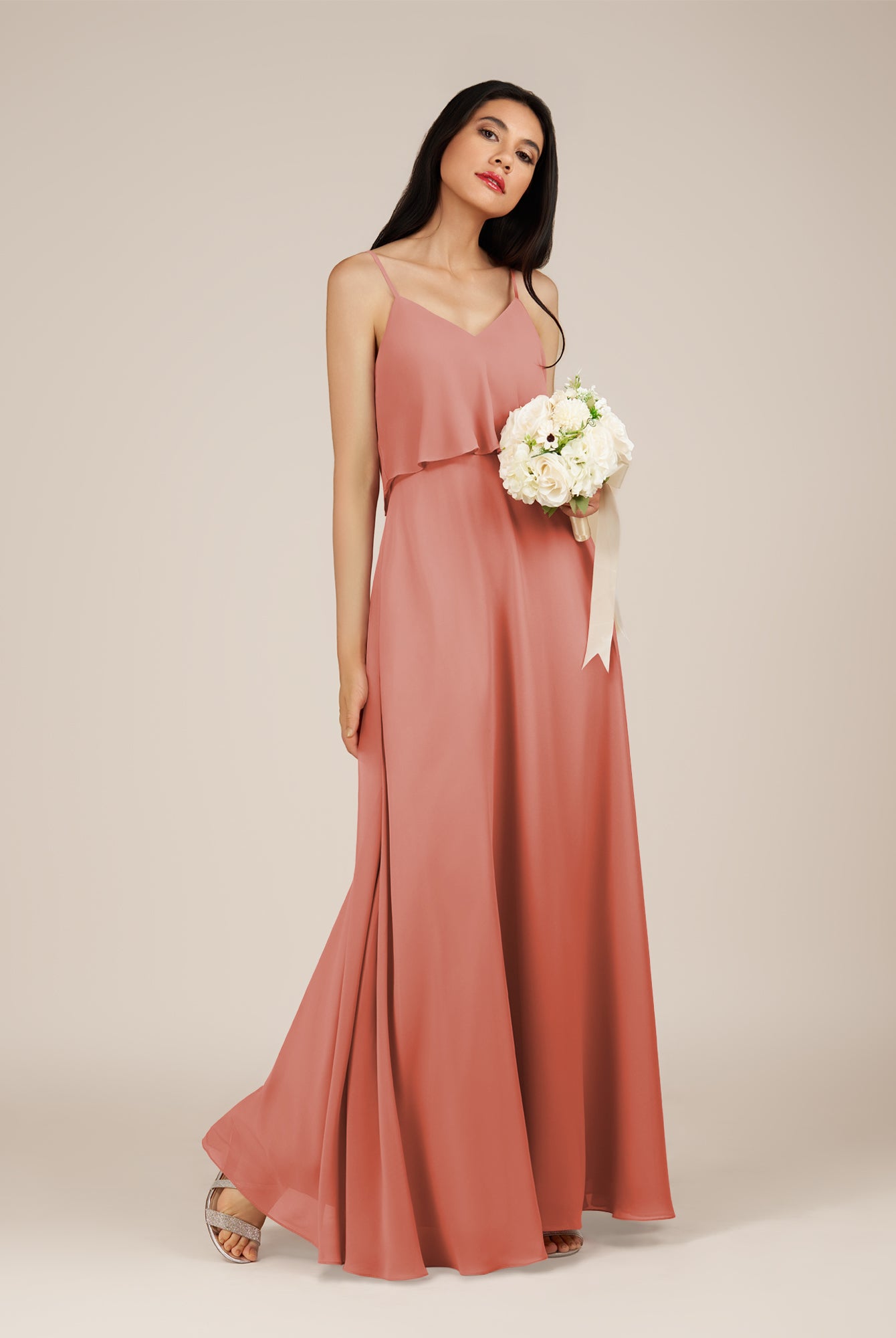 KissDress-Branwyn Wild Rose A Line V Neck Chiffon Long Bridesmaid Dress with Ruffles