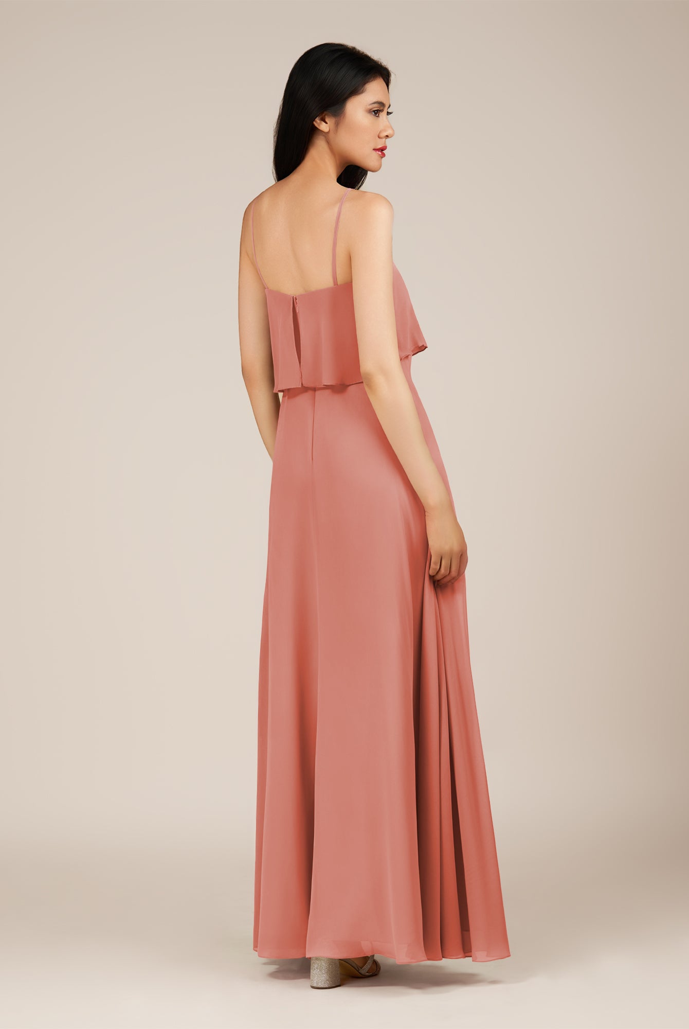 KissDress-Branwyn Wild Rose A Line V Neck Chiffon Long Bridesmaid Dress with Ruffles