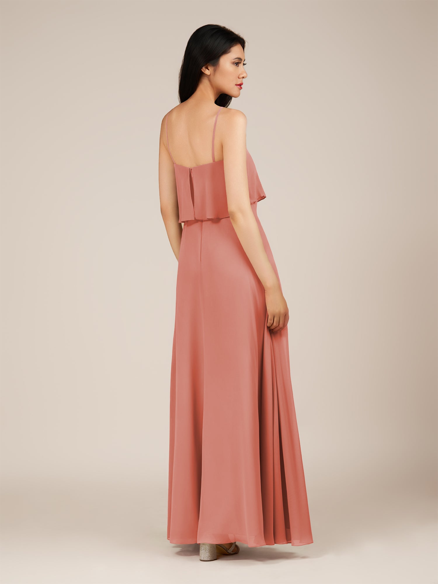 KissDress-Branwyn Wild Rose A Line V Neck Chiffon Long Bridesmaid Dress with Ruffles