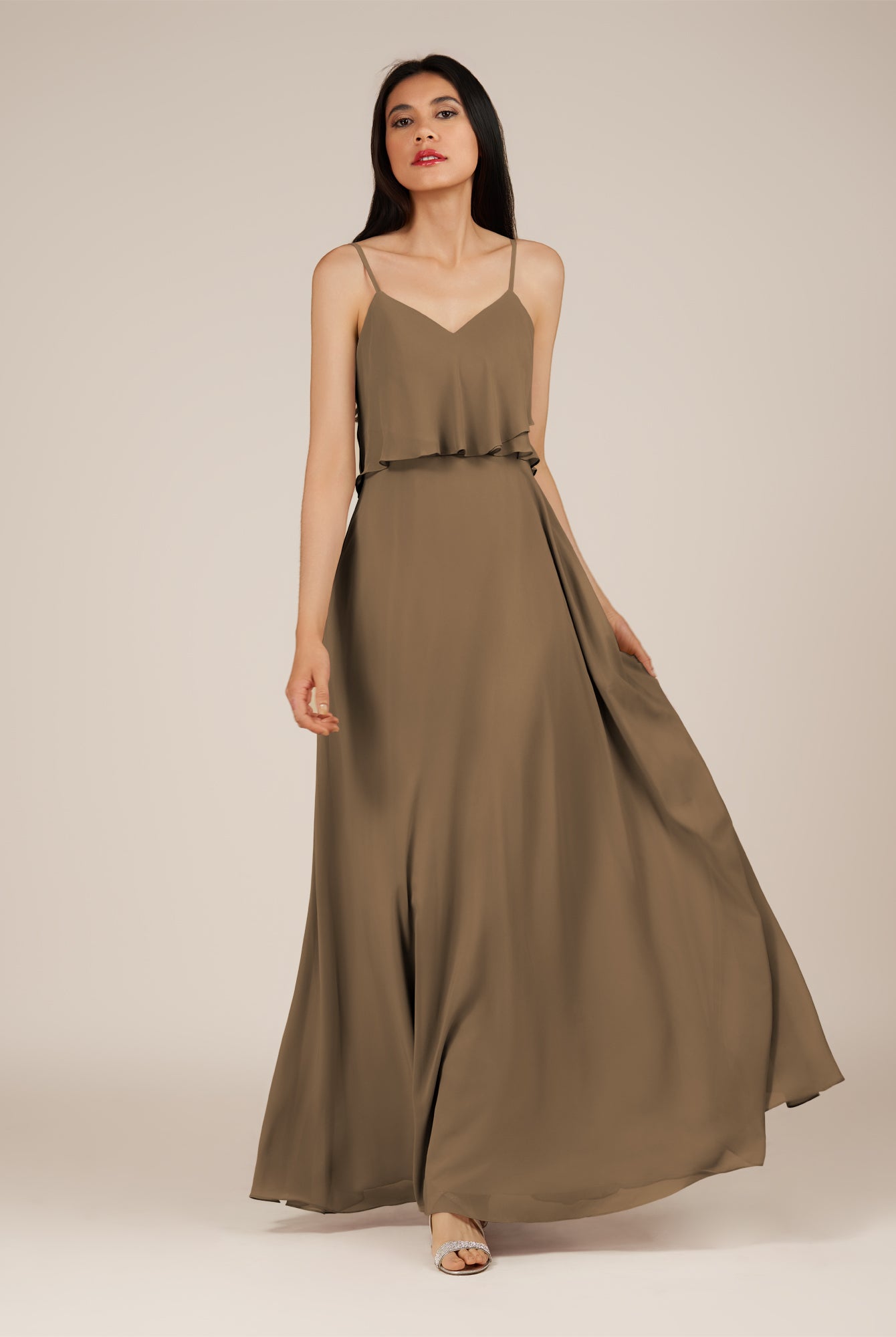 KissDress-Branwyn Willow Green A Line V Neck Chiffon Long Bridesmaid Dress with Ruffles