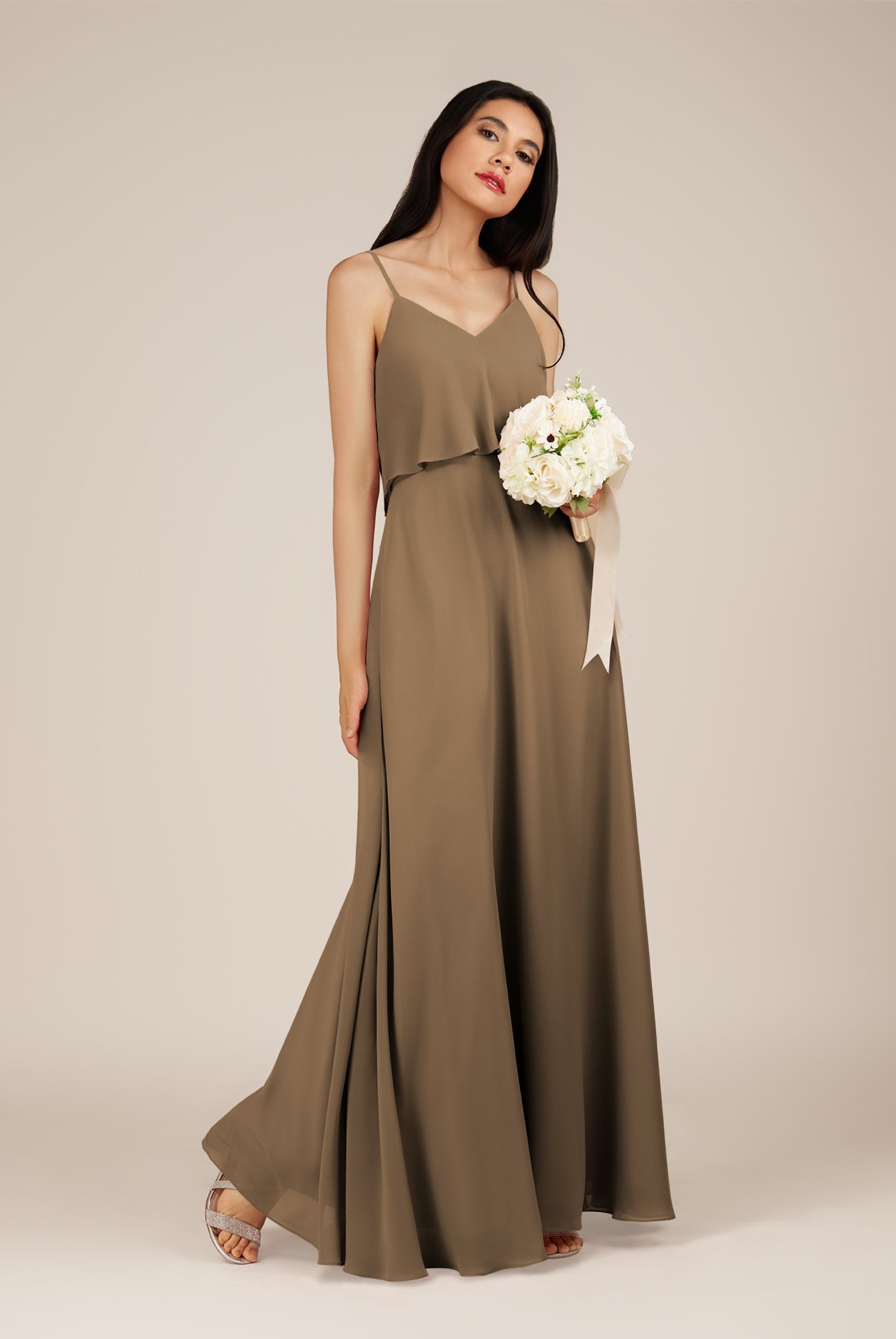 KissDress-Branwyn Willow Green A Line V Neck Chiffon Long Bridesmaid Dress with Ruffles