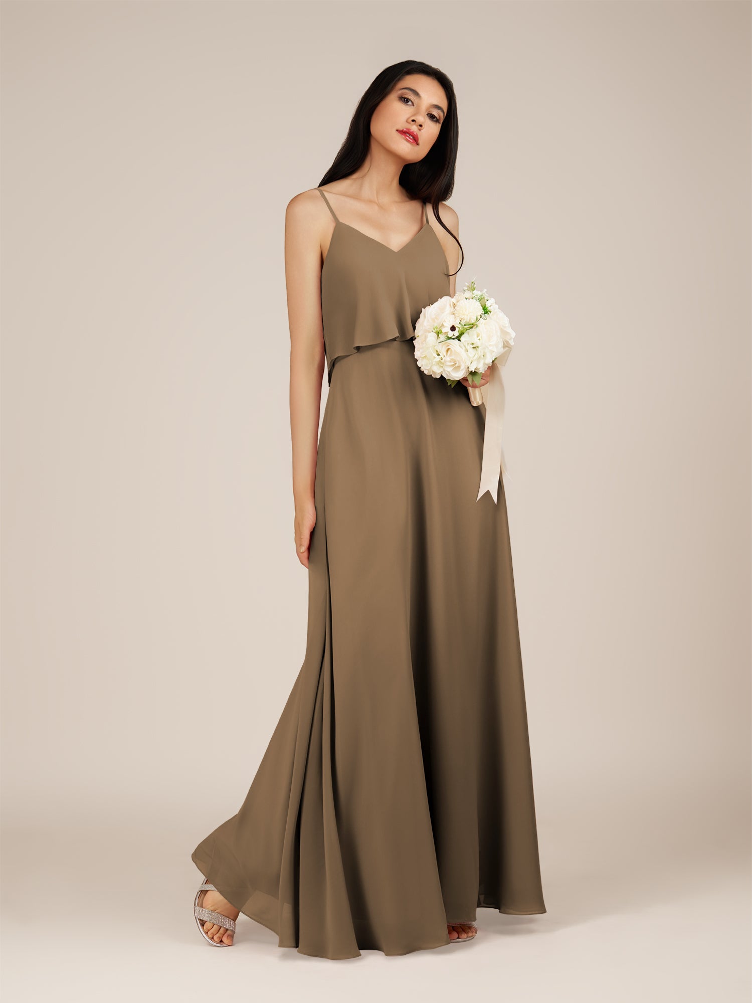 KissDress-Branwyn Willow Green A Line V Neck Chiffon Long Bridesmaid Dress with Ruffles