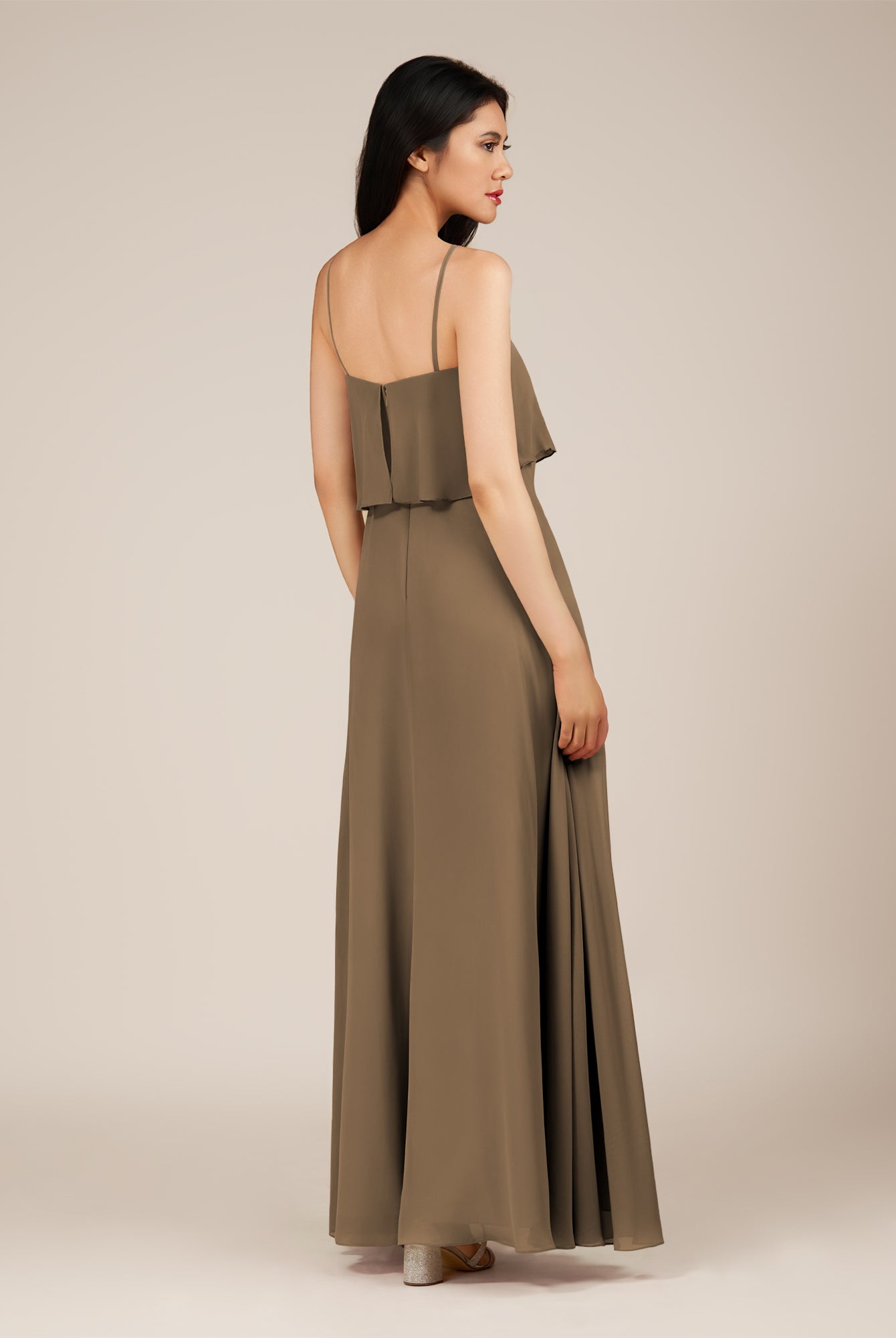 KissDress-Branwyn Willow Green A Line V Neck Chiffon Long Bridesmaid Dress with Ruffles