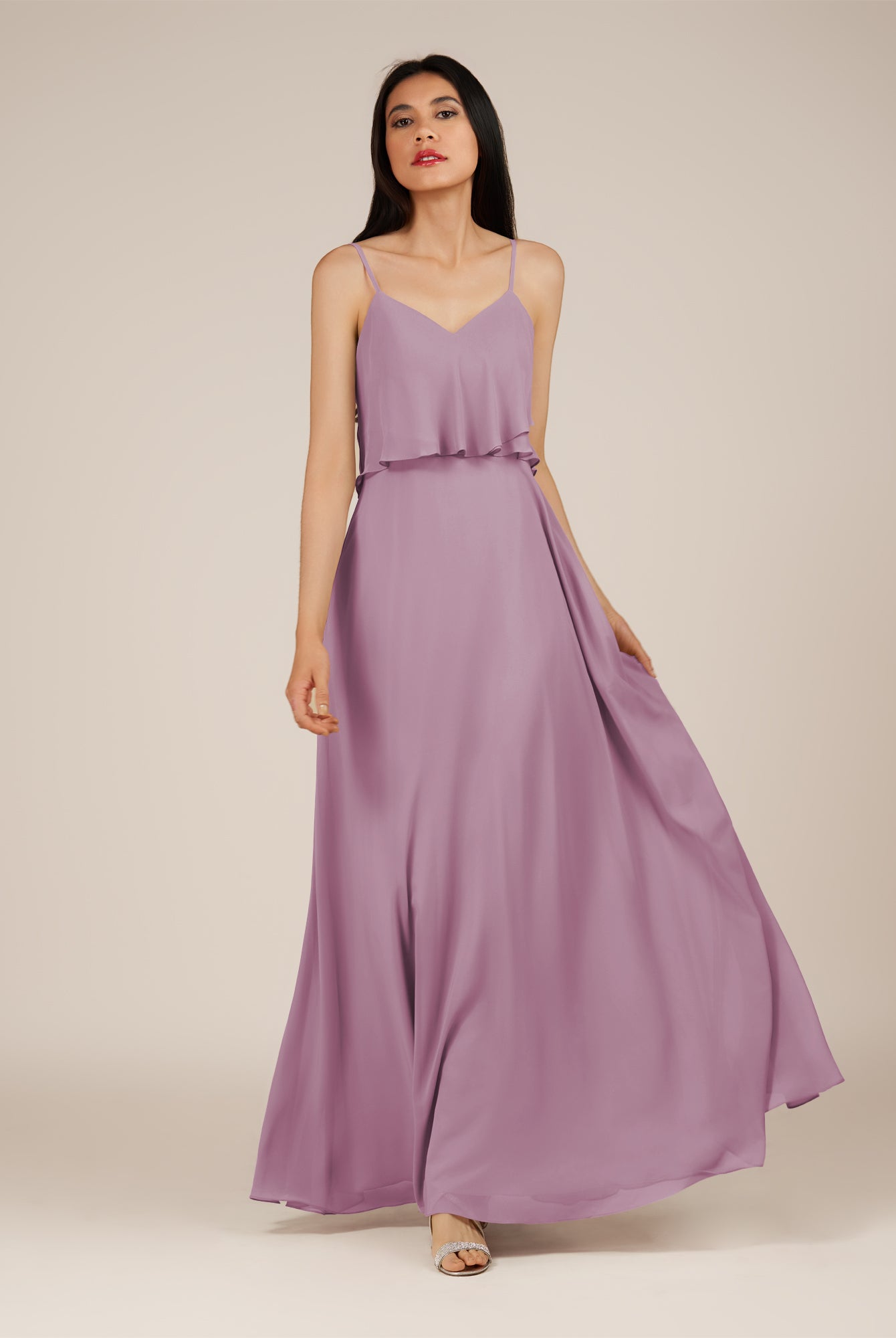 KissDress-Branwyn Wisteria A Line V Neck Chiffon Long Bridesmaid Dress with Ruffles
