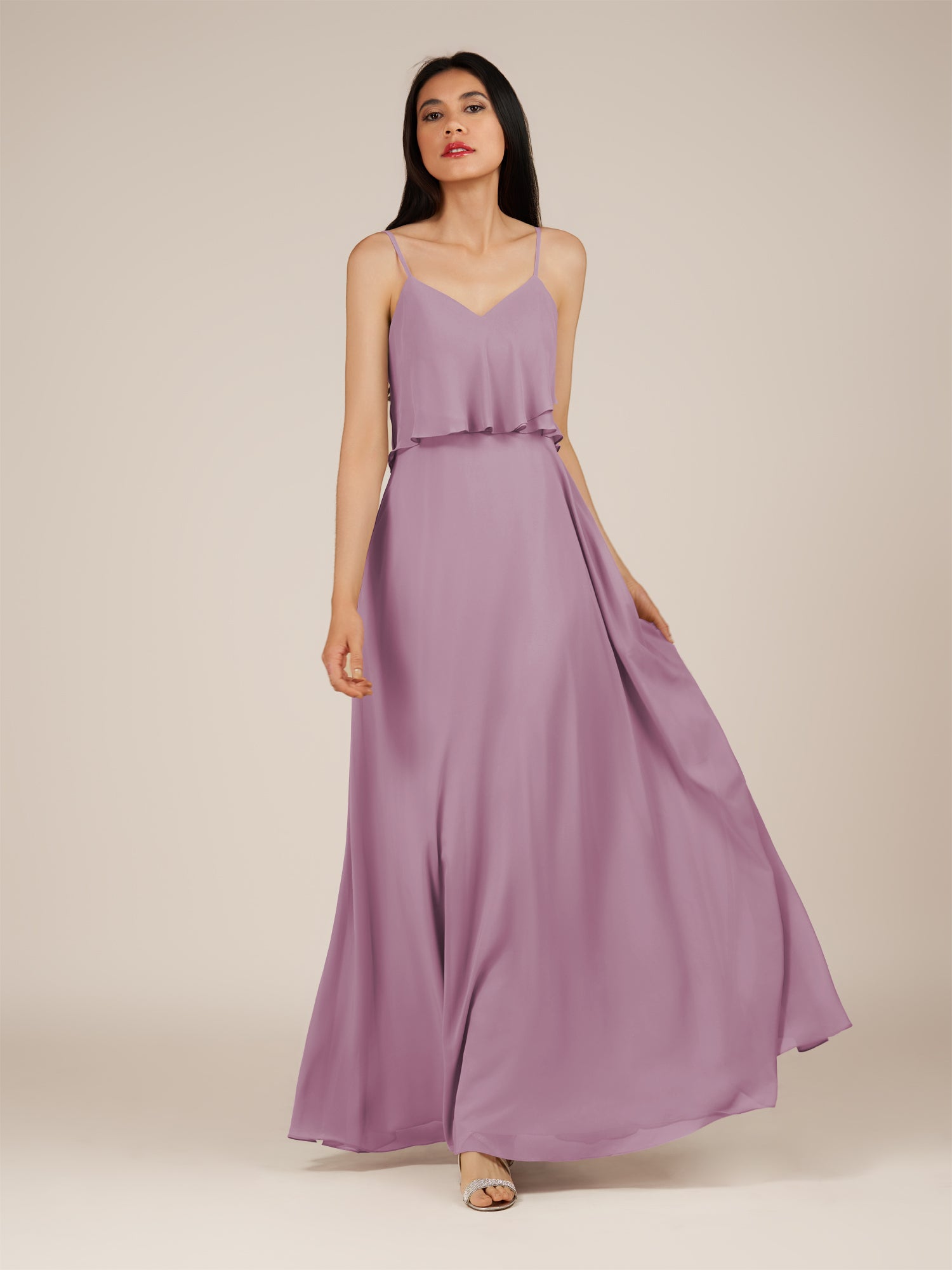 KissDress-Branwyn Wisteria A Line V Neck Chiffon Long Bridesmaid Dress with Ruffles