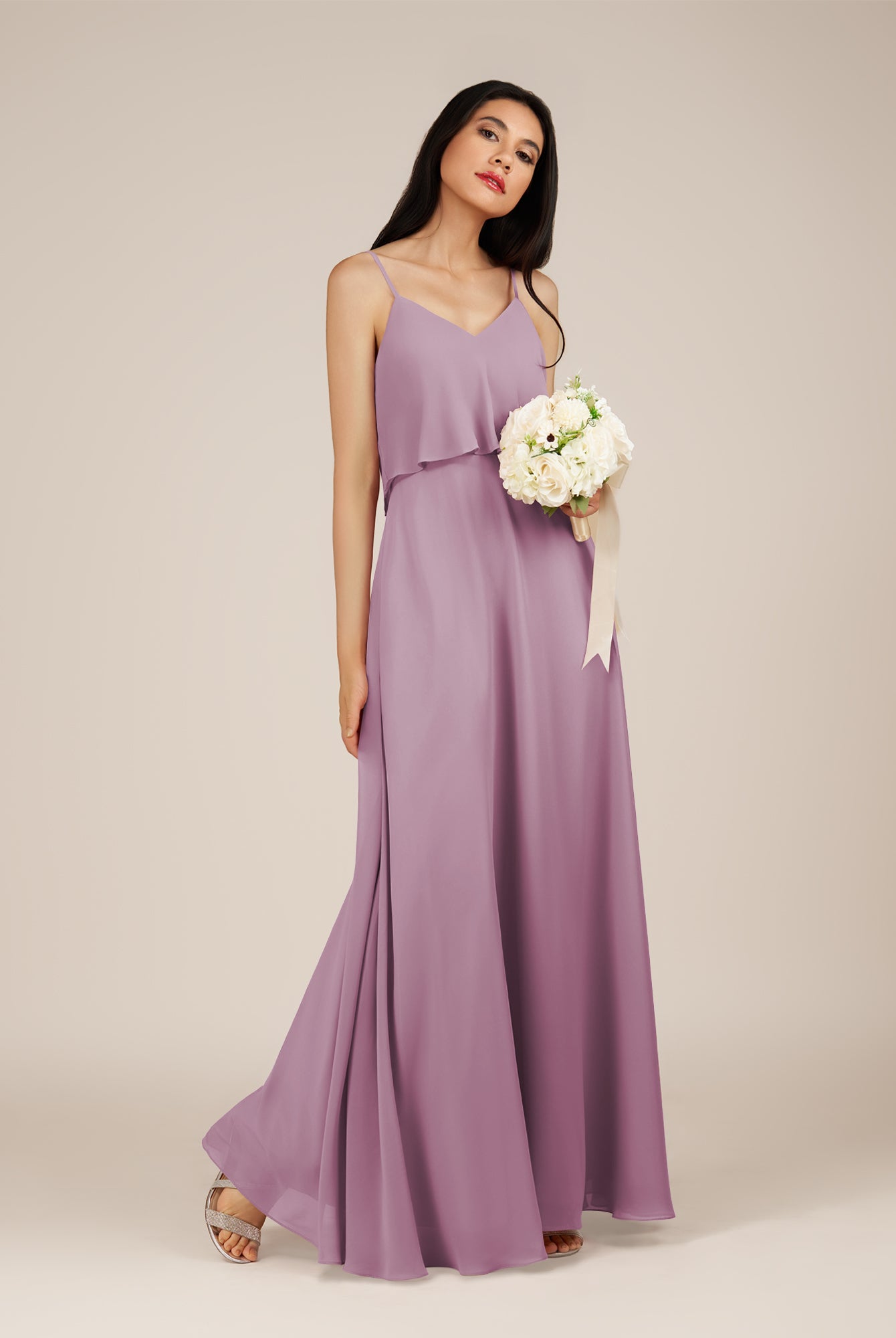 KissDress-Branwyn Wisteria A Line V Neck Chiffon Long Bridesmaid Dress with Ruffles