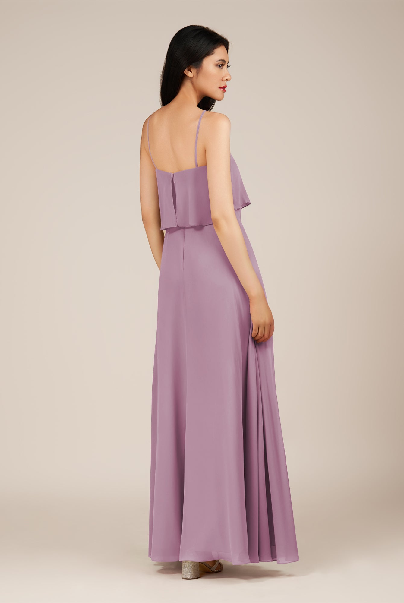 KissDress-Branwyn Wisteria A Line V Neck Chiffon Long Bridesmaid Dress with Ruffles
