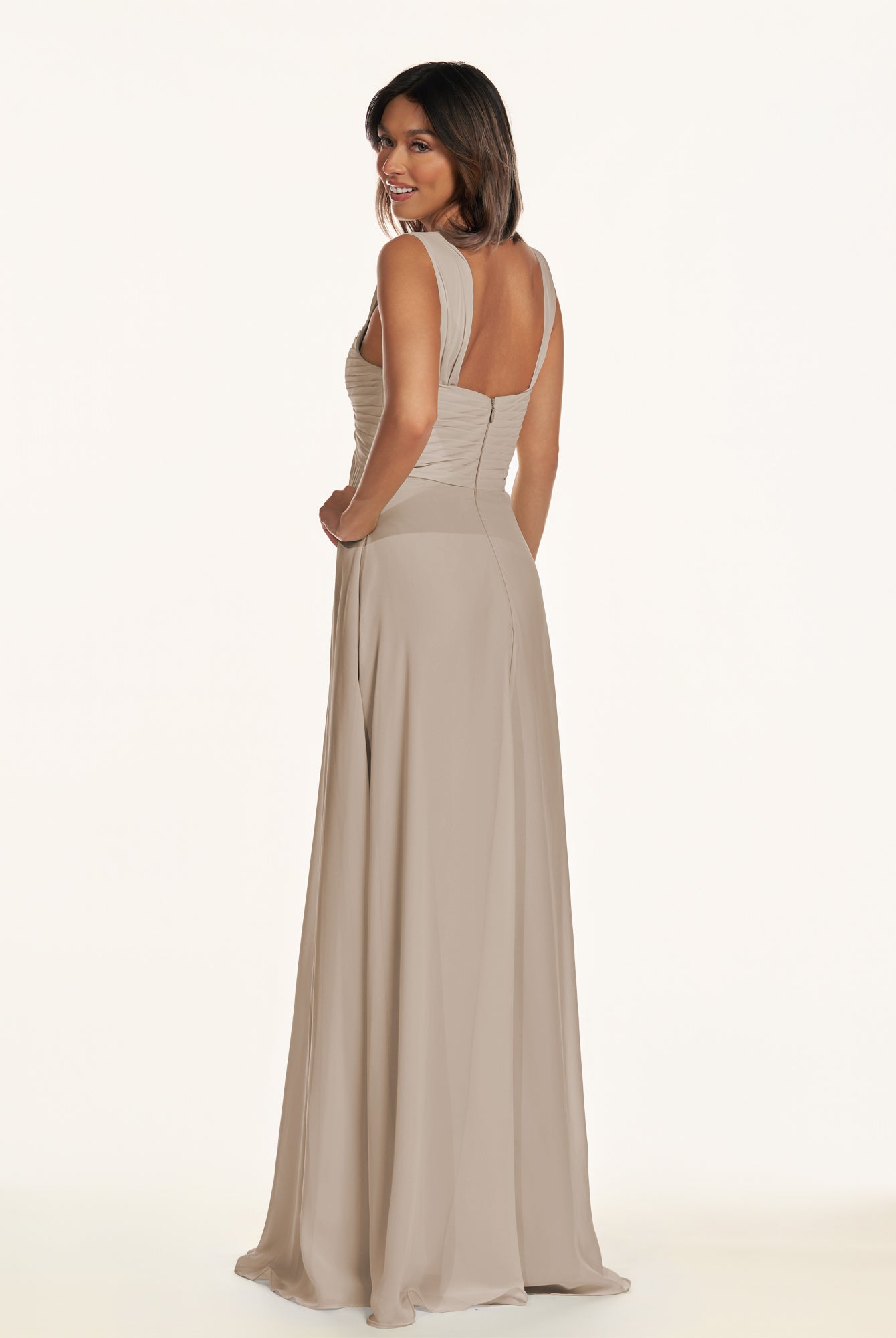 KissDress-Breona Almond A Line Chiffon Off the Shoulder Twisted Long Bridesmaid Dress