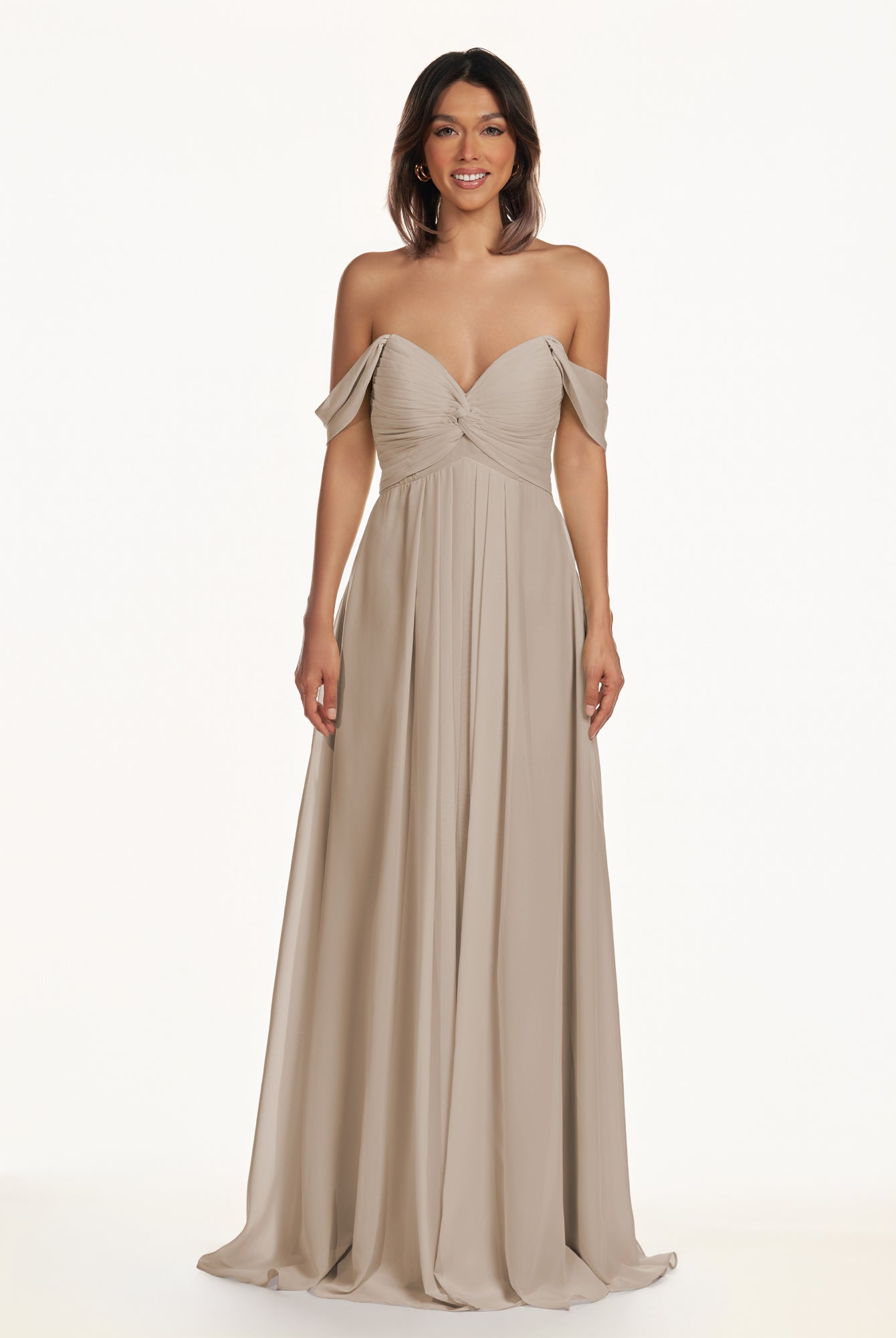 KissDress-Breona Almond A Line Chiffon Off the Shoulder Twisted Long Bridesmaid Dress