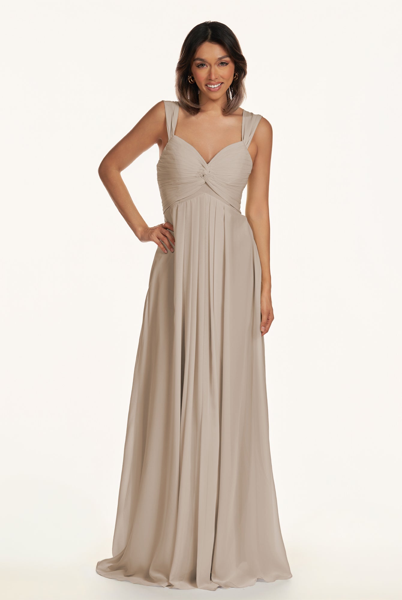 KissDress-Breona Almond A Line Chiffon Off the Shoulder Twisted Long Bridesmaid Dress