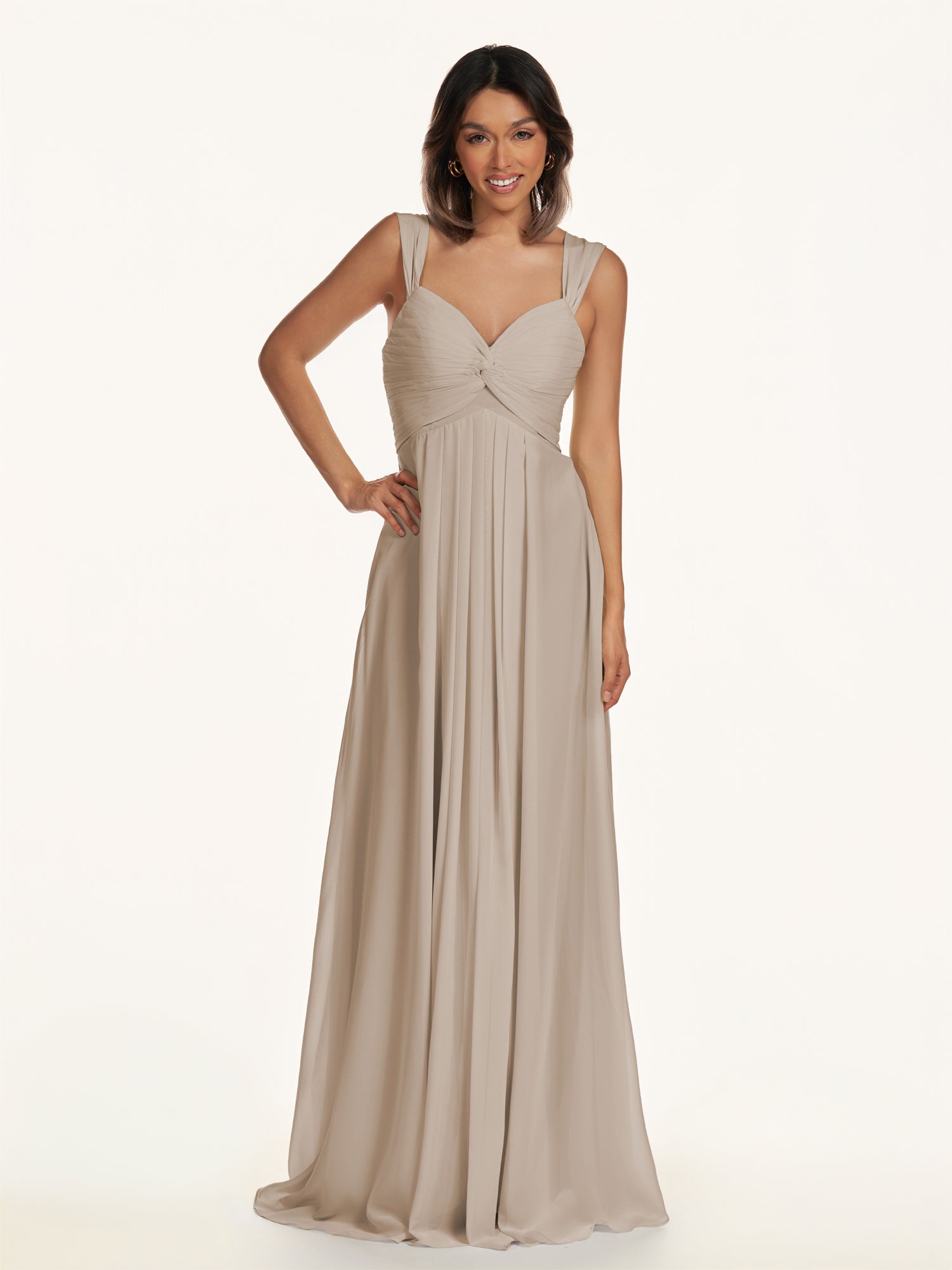 KissDress-Breona Almond A Line Chiffon Off the Shoulder Twisted Long Bridesmaid Dress