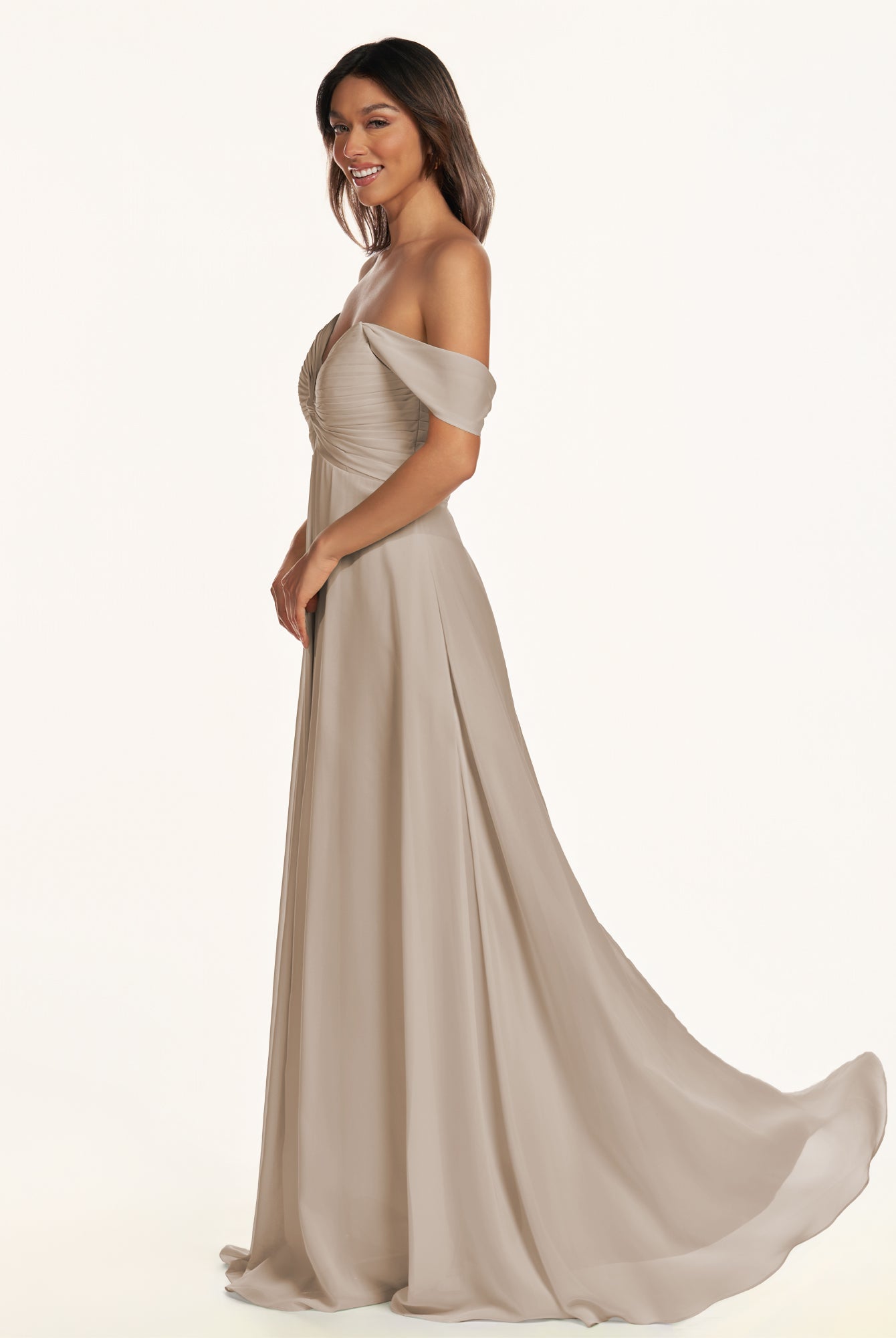 KissDress-Breona Almond A Line Chiffon Off the Shoulder Twisted Long Bridesmaid Dress