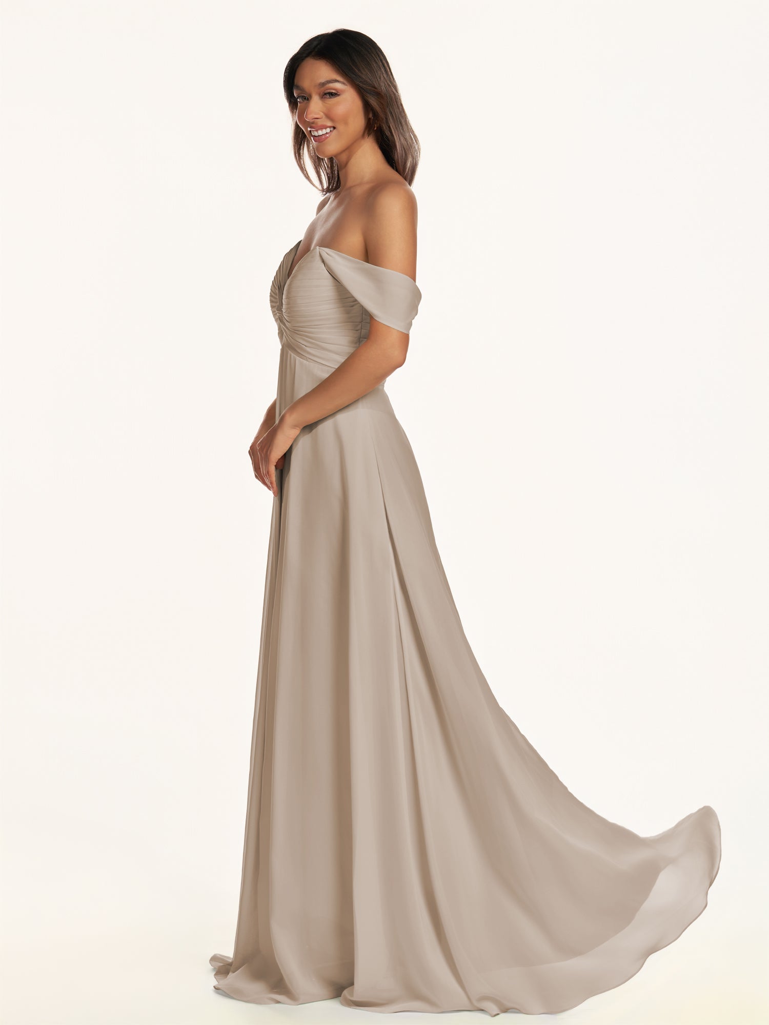KissDress-Breona Almond A Line Chiffon Off the Shoulder Twisted Long Bridesmaid Dress
