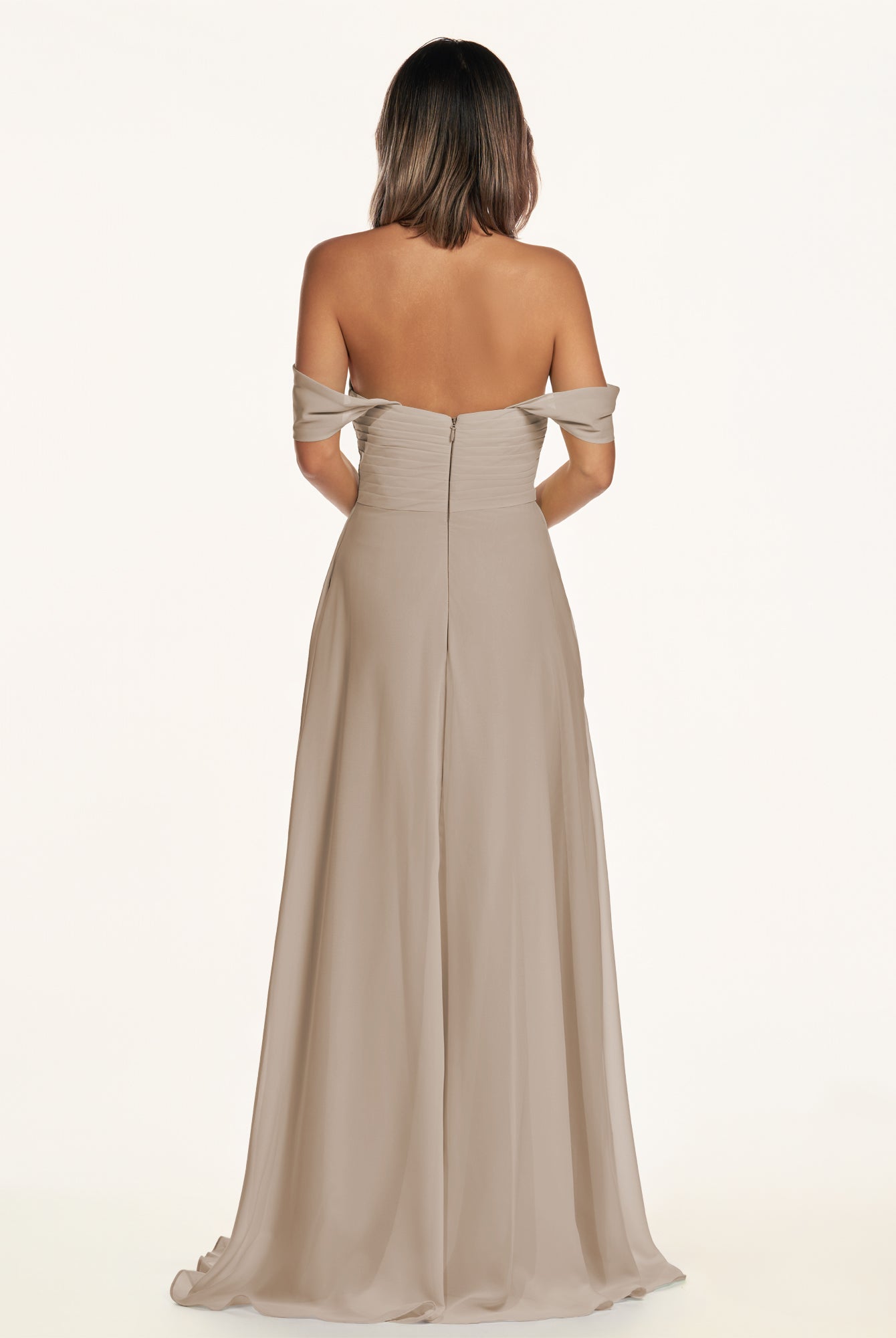 KissDress-Breona Almond A Line Chiffon Off the Shoulder Twisted Long Bridesmaid Dress