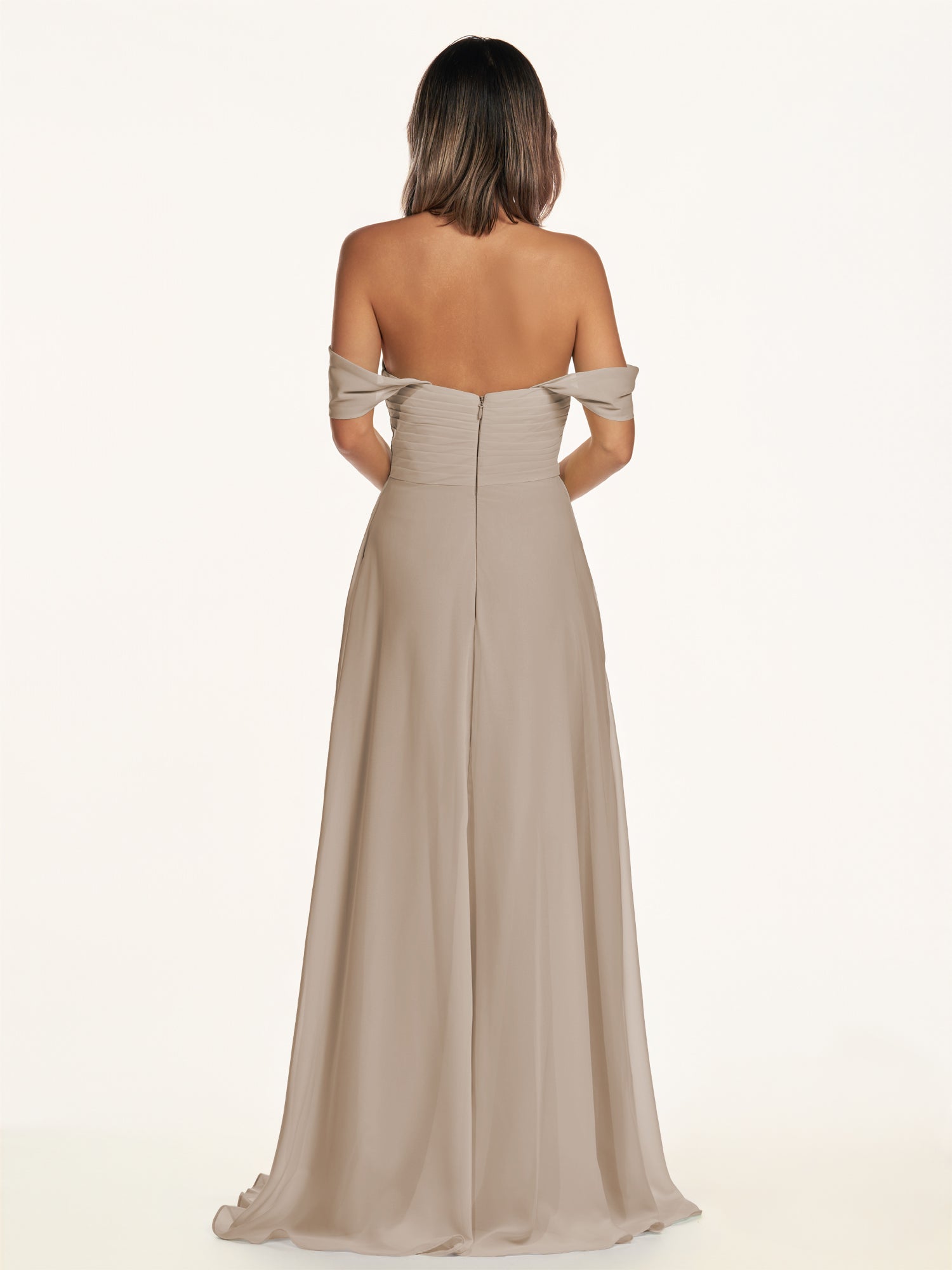 KissDress-Breona Almond A Line Chiffon Off the Shoulder Twisted Long Bridesmaid Dress