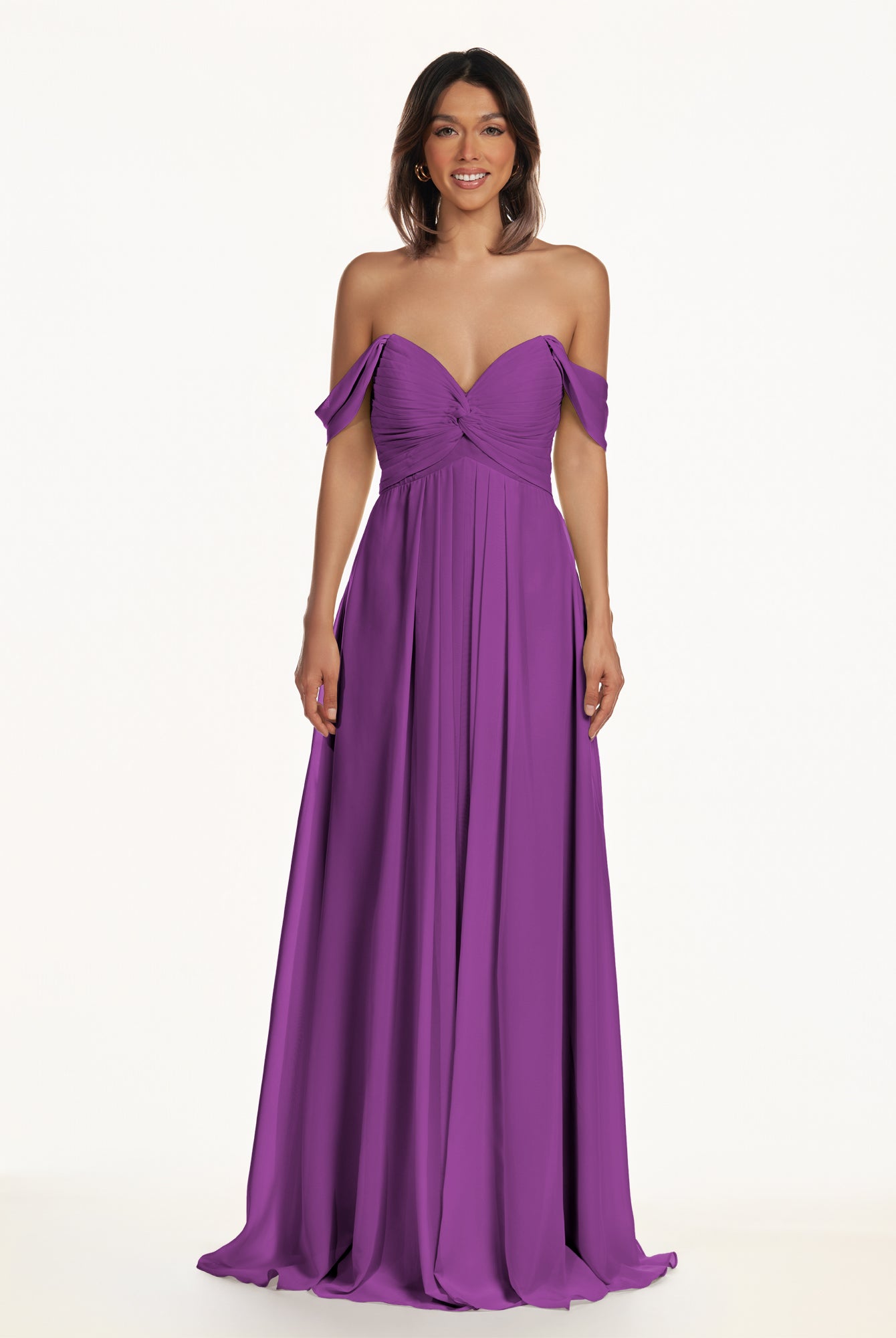KissDress-Breona Amethyst A Line Chiffon Off the Shoulder Twisted Long Bridesmaid Dress