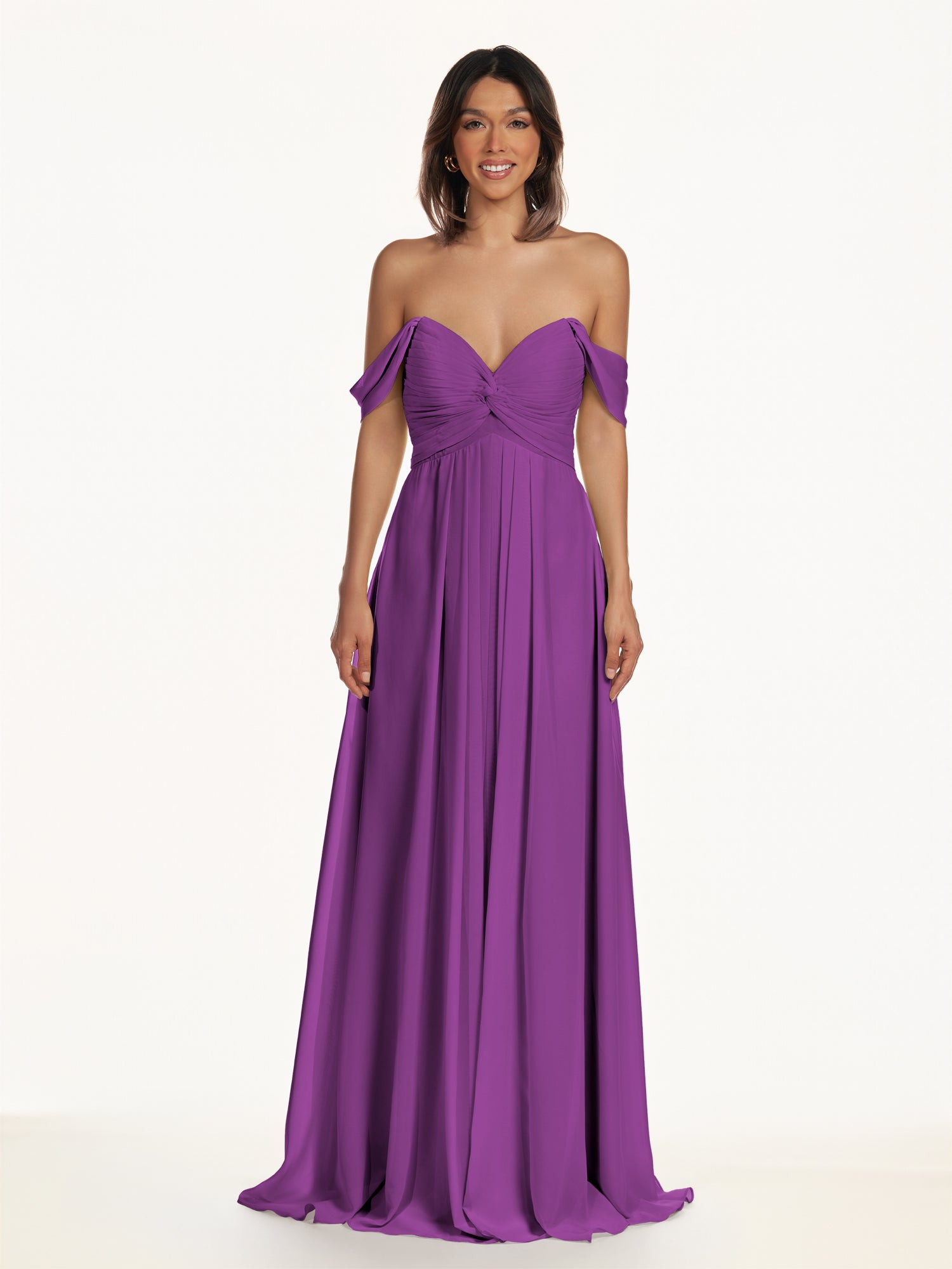 KissDress-Breona Amethyst A Line Chiffon Off the Shoulder Twisted Long Bridesmaid Dress