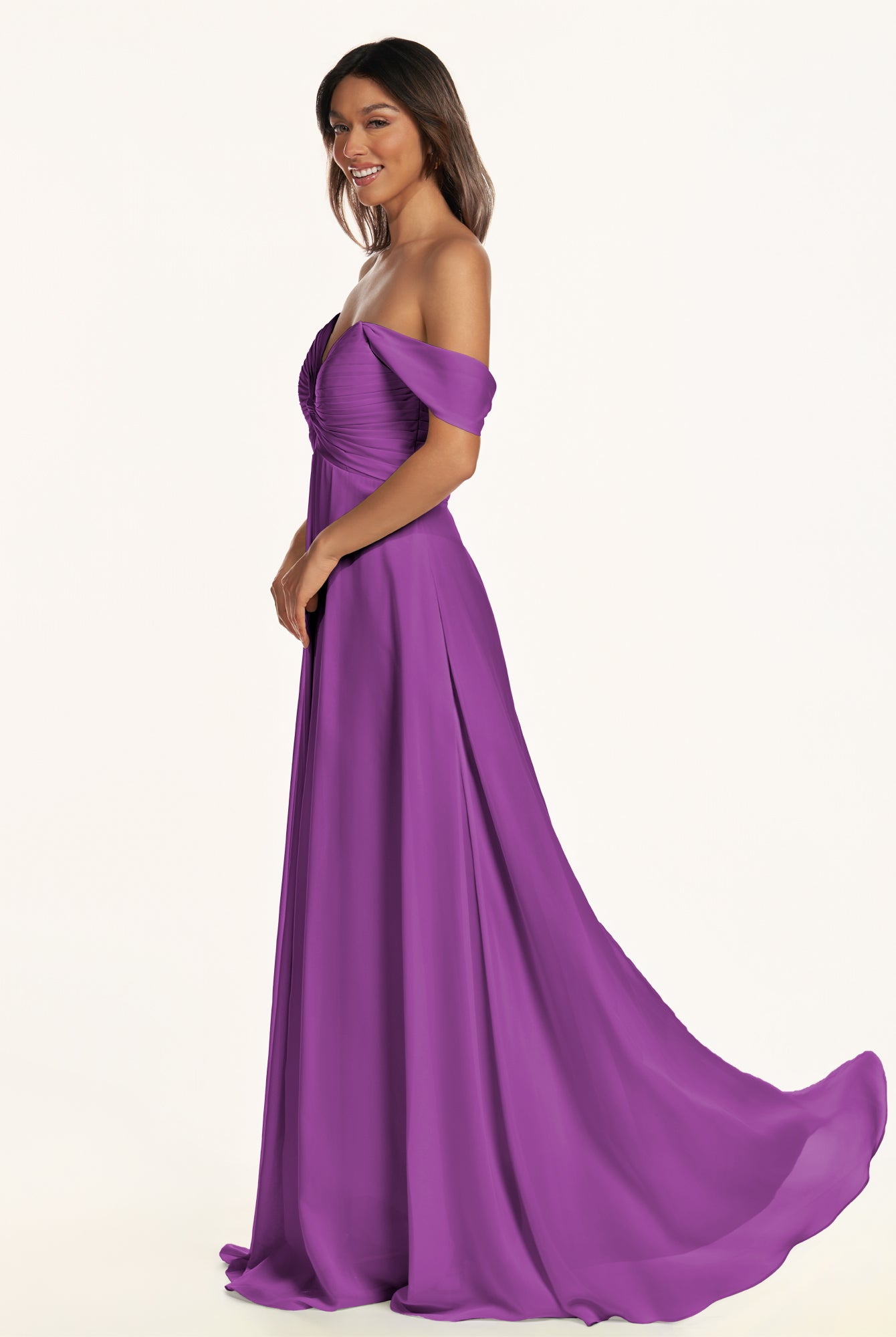 KissDress-Breona Amethyst A Line Chiffon Off the Shoulder Twisted Long Bridesmaid Dress