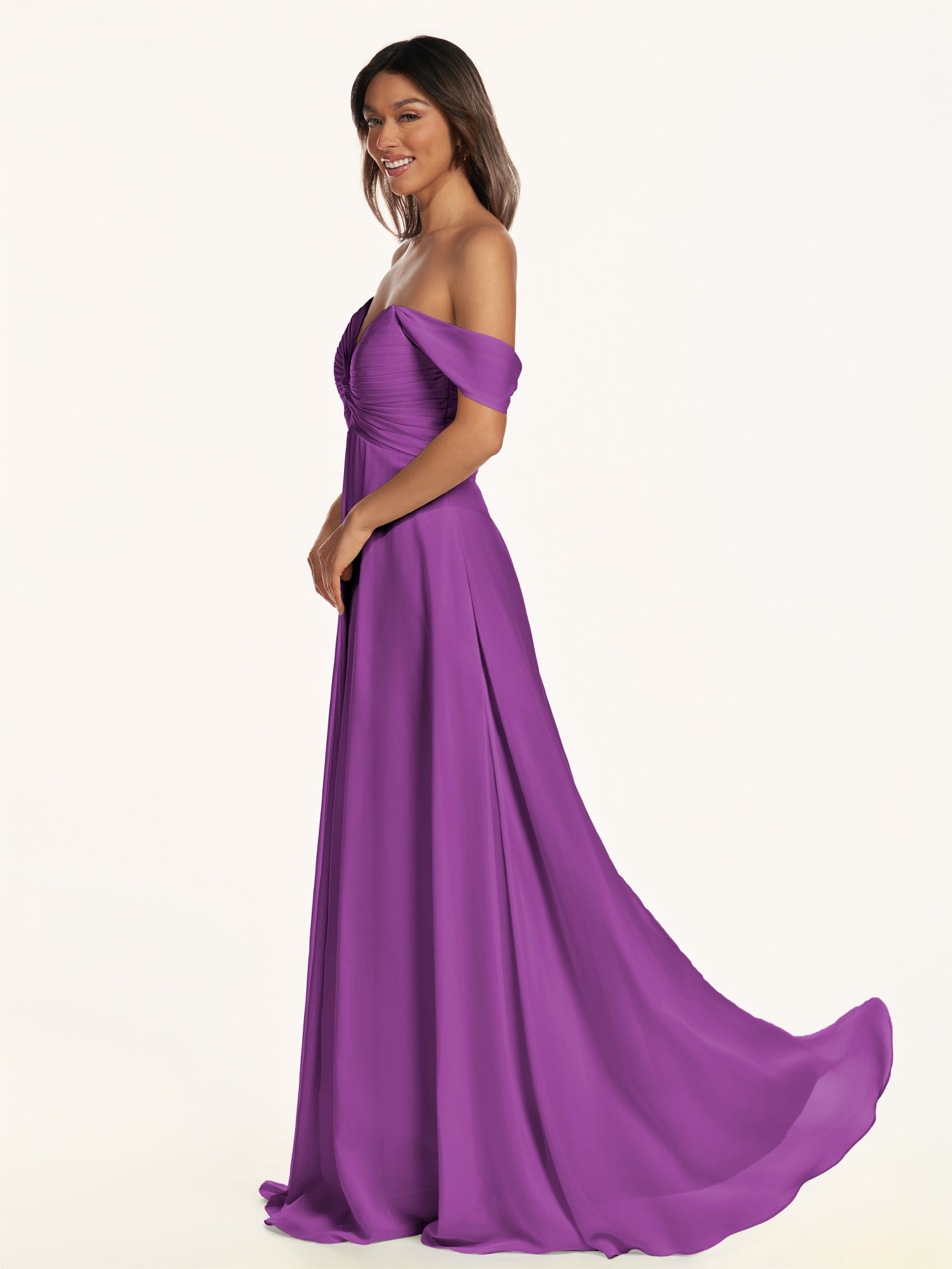 KissDress-Breona Amethyst A Line Chiffon Off the Shoulder Twisted Long Bridesmaid Dress