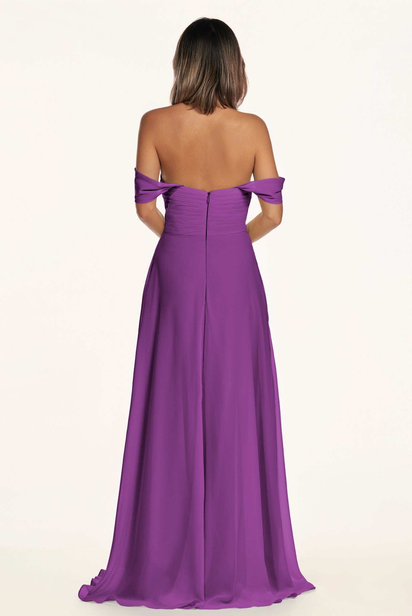 KissDress-Breona Amethyst A Line Chiffon Off the Shoulder Twisted Long Bridesmaid Dress