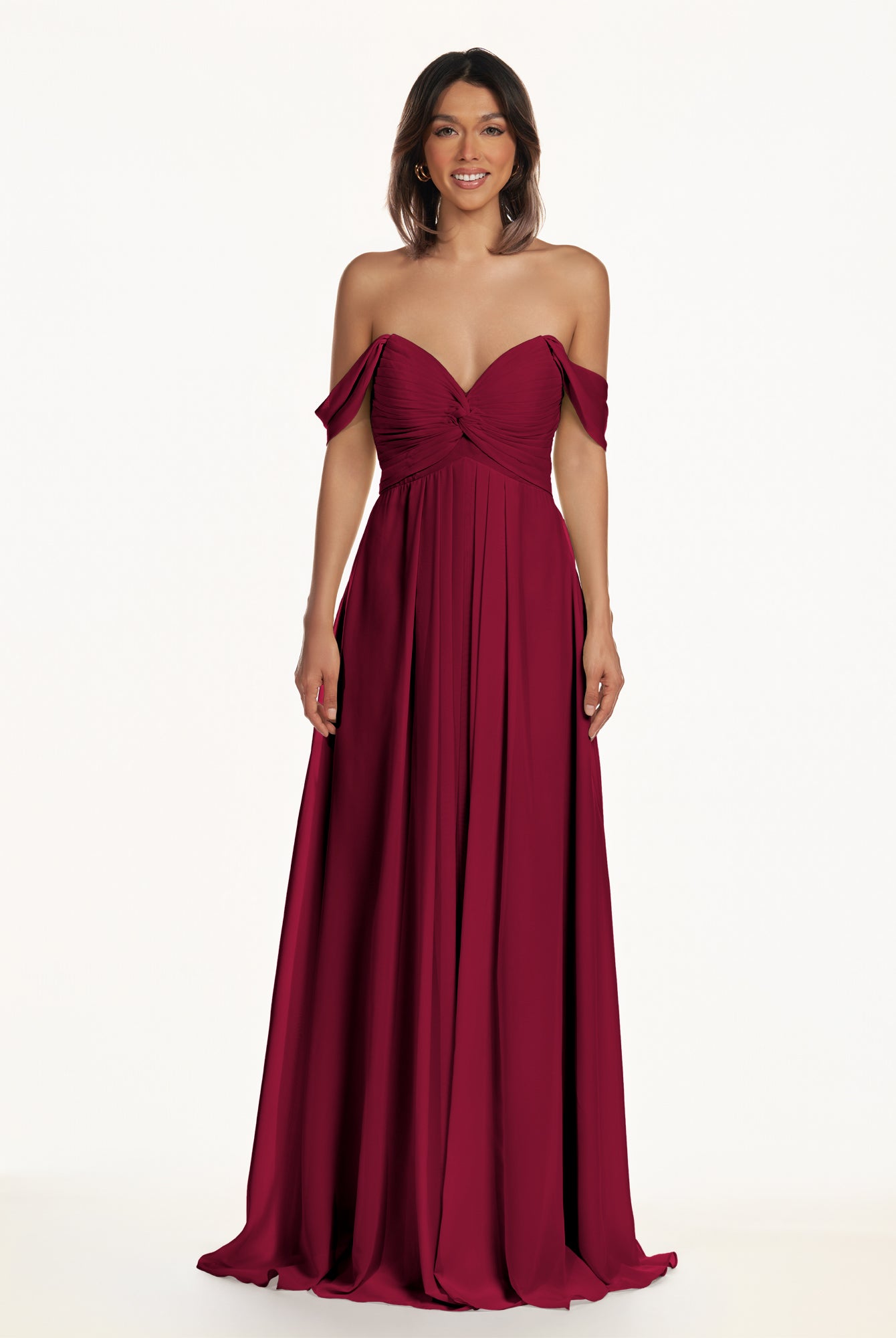 KissDress-Breona Berry A Line Chiffon Off the Shoulder Twisted Long Bridesmaid Dress