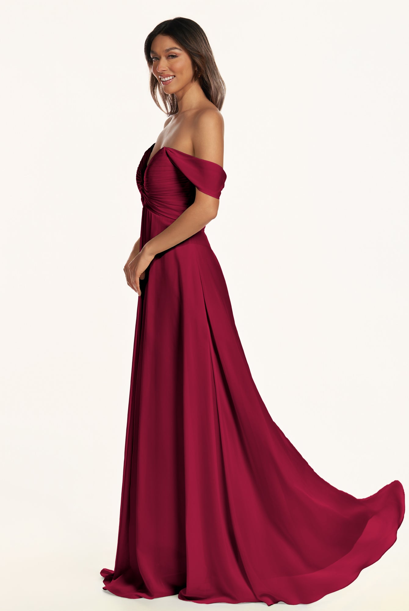 KissDress-Breona Berry A Line Chiffon Off the Shoulder Twisted Long Bridesmaid Dress