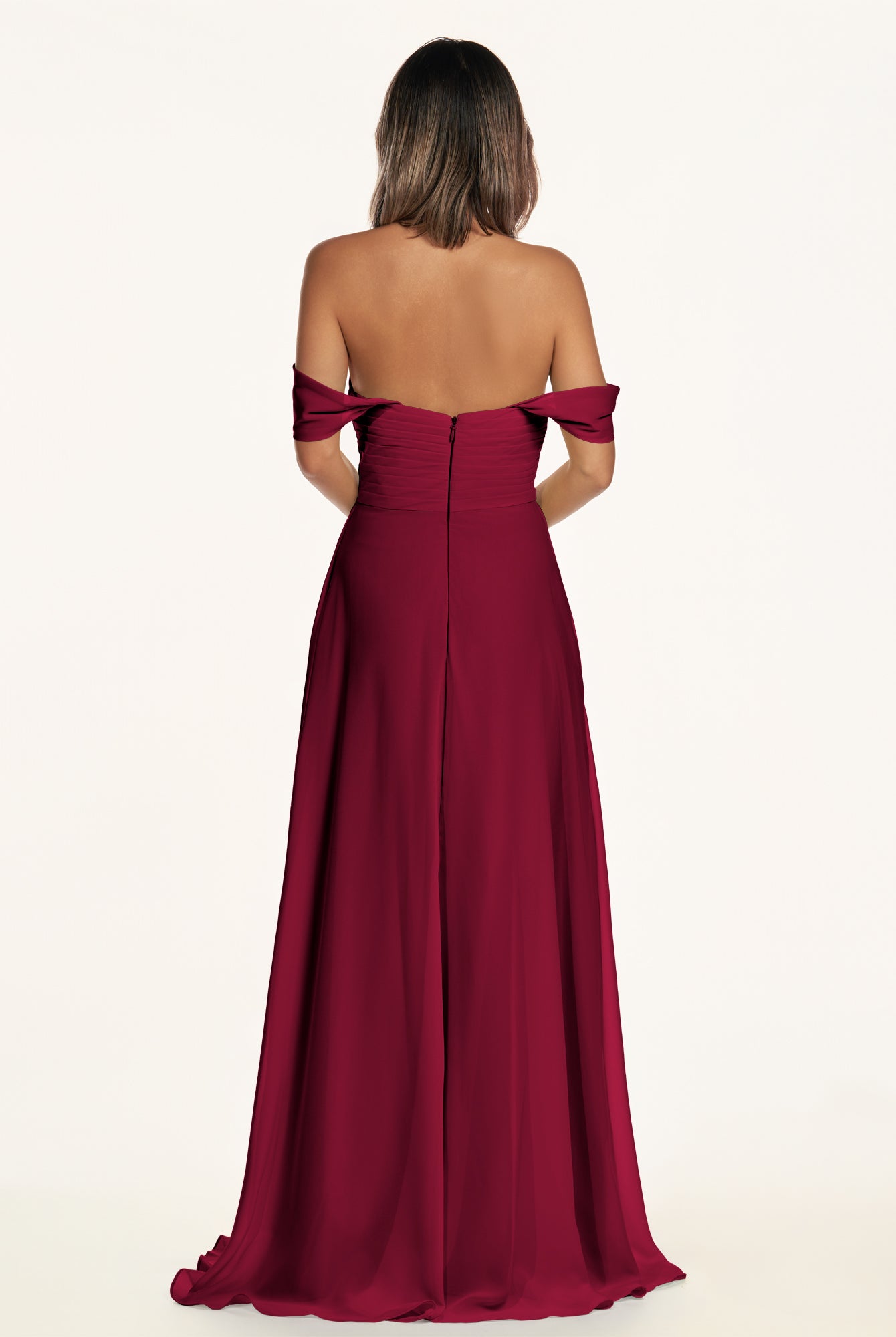 KissDress-Breona Berry A Line Chiffon Off the Shoulder Twisted Long Bridesmaid Dress