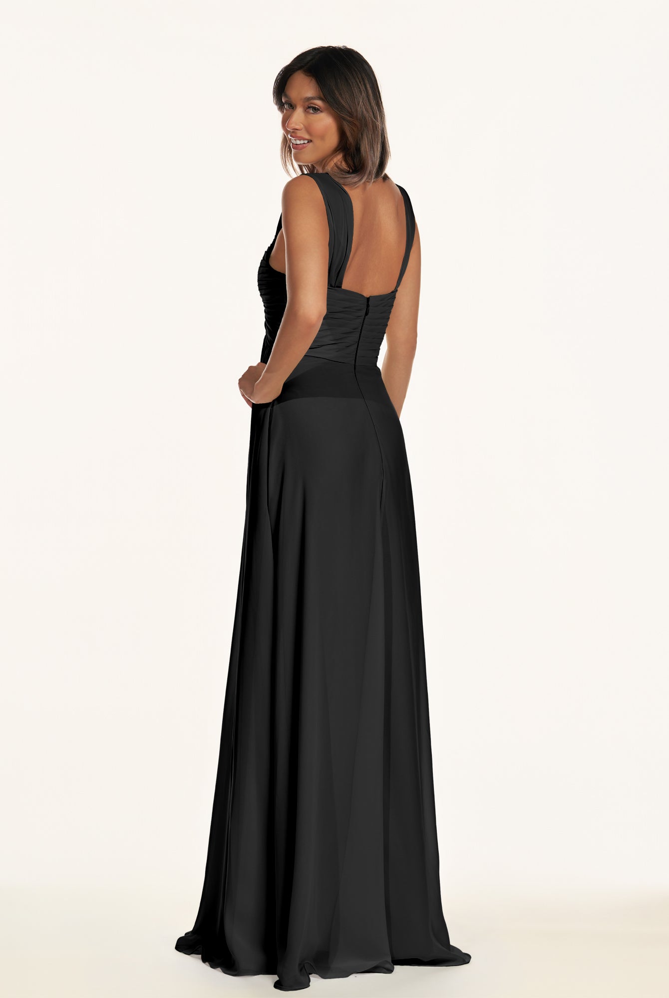 KissDress-Breona Black A Line Chiffon Off the Shoulder Twisted Long Bridesmaid Dress
