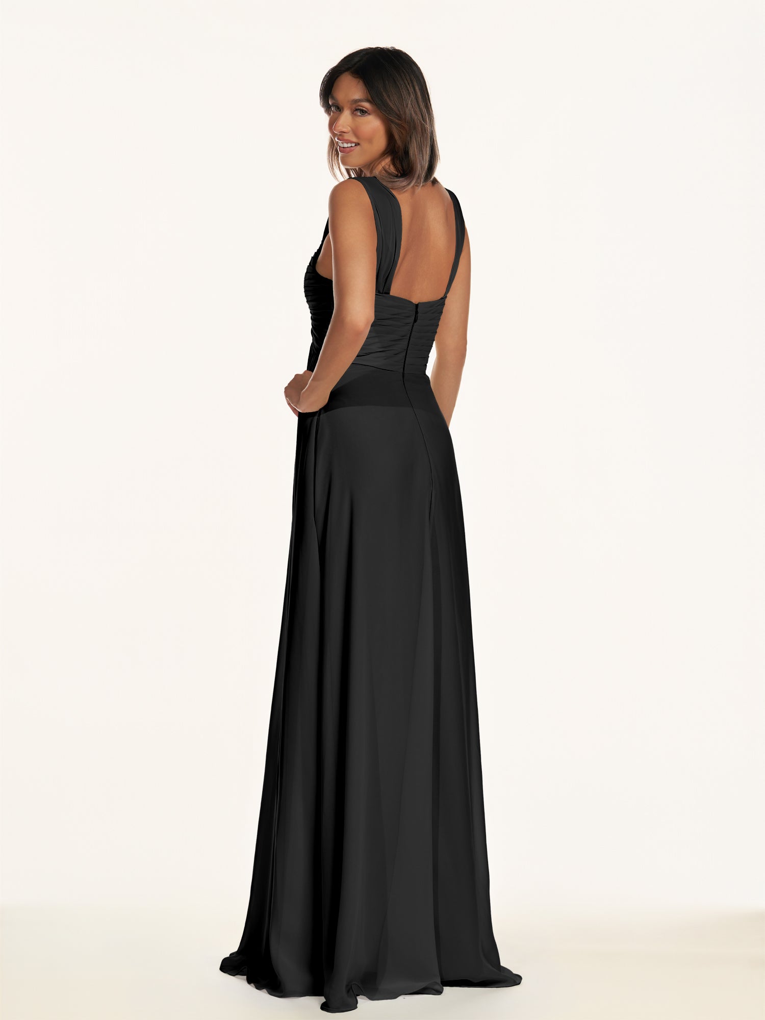 KissDress-Breona Black A Line Chiffon Off the Shoulder Twisted Long Bridesmaid Dress