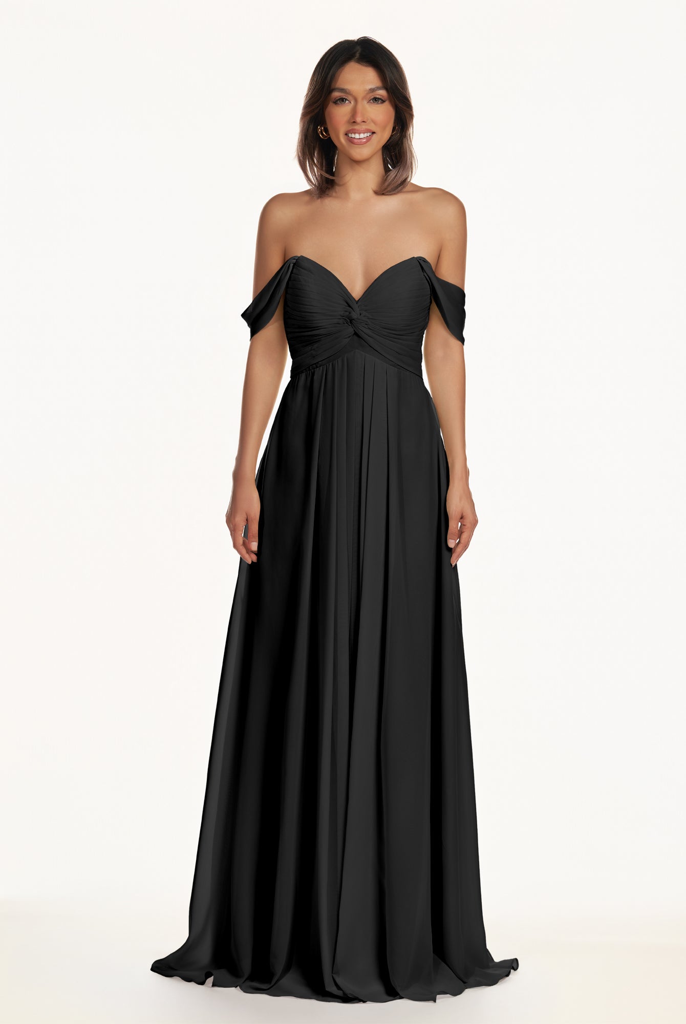 KissDress-Breona Black A Line Chiffon Off the Shoulder Twisted Long Bridesmaid Dress
