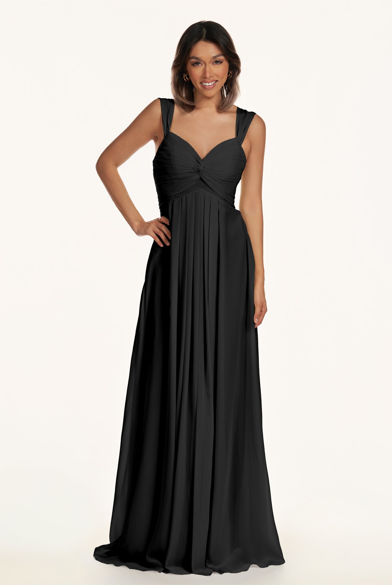 KissDress-Breona Black A Line Chiffon Off the Shoulder Twisted Long Bridesmaid Dress