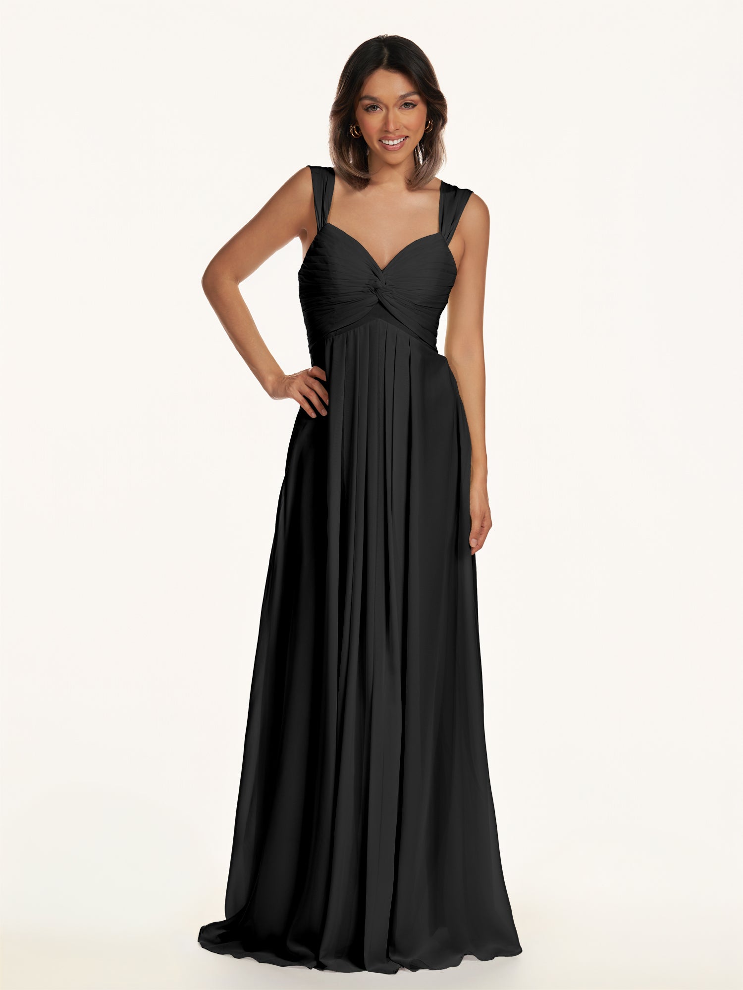 KissDress-Breona Black A Line Chiffon Off the Shoulder Twisted Long Bridesmaid Dress