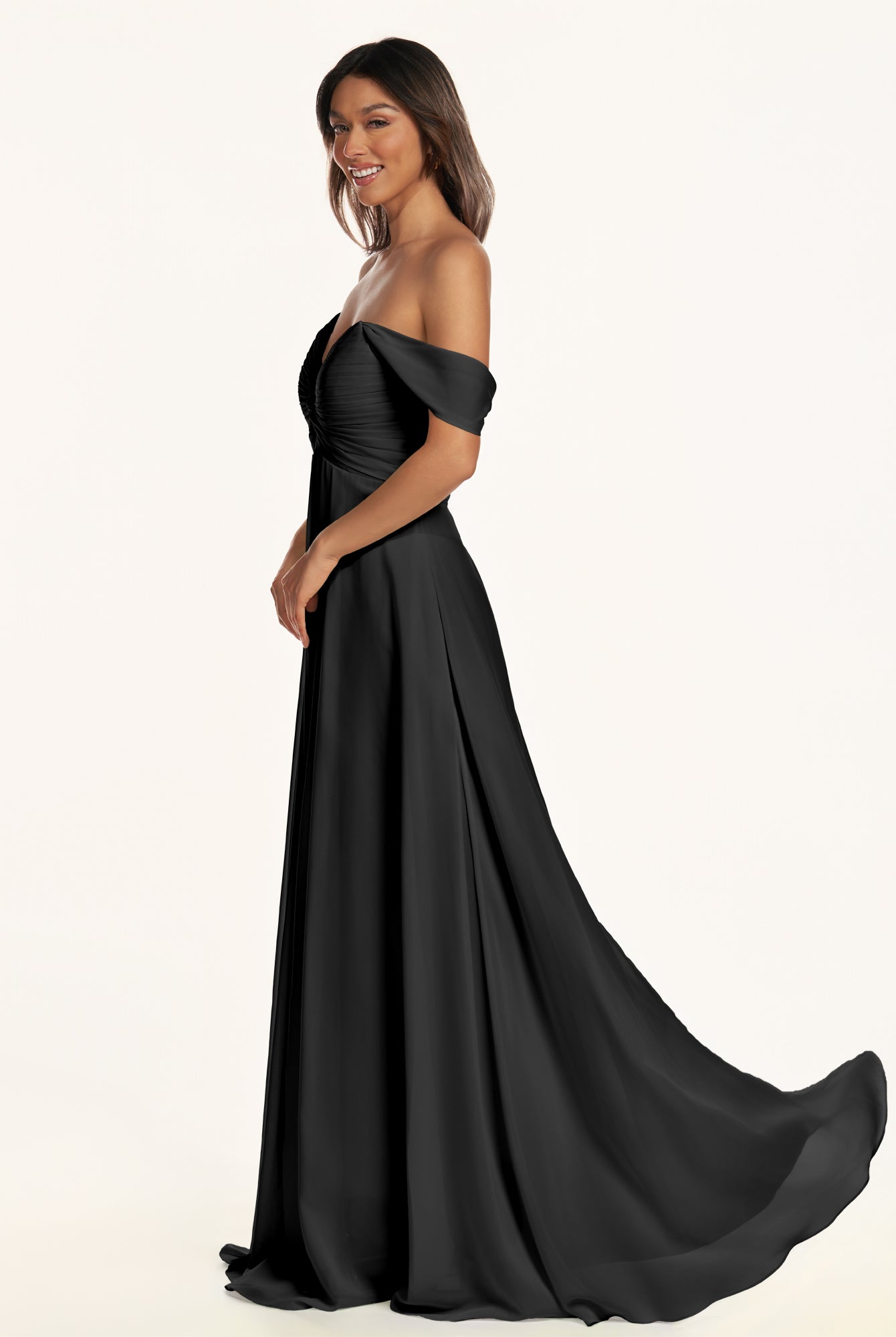 KissDress-Breona Black A Line Chiffon Off the Shoulder Twisted Long Bridesmaid Dress