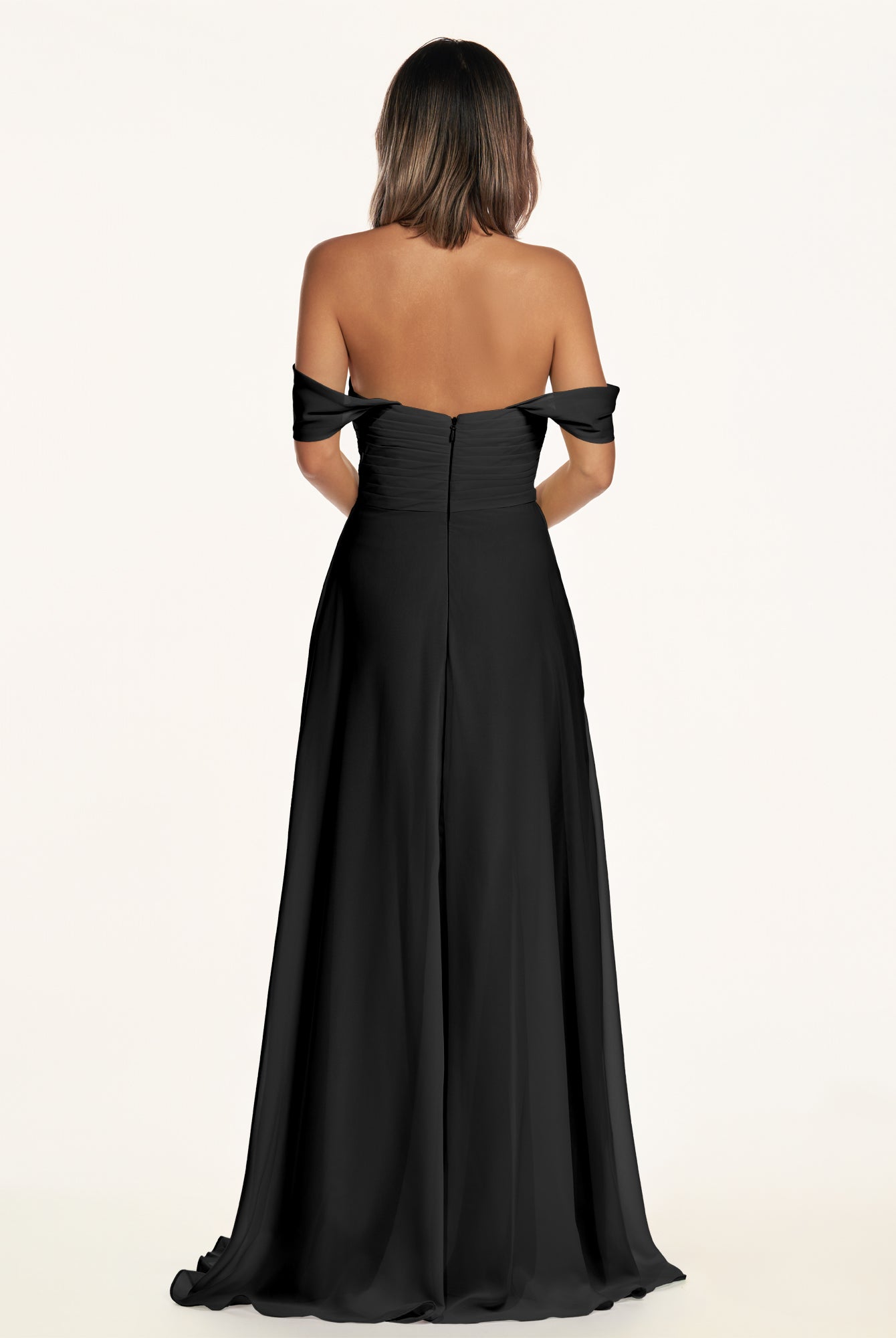 KissDress-Breona Black A Line Chiffon Off the Shoulder Twisted Long Bridesmaid Dress