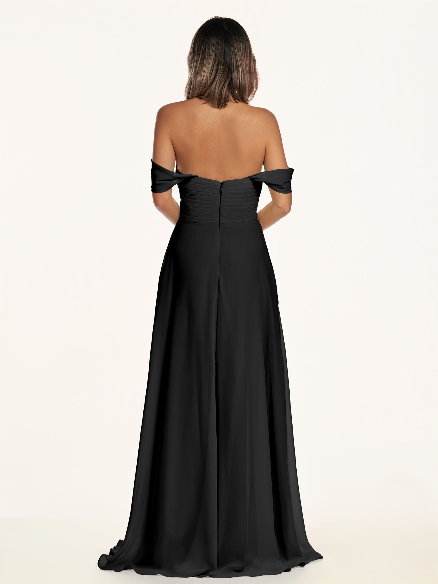 KissDress-Breona Black A Line Chiffon Off the Shoulder Twisted Long Bridesmaid Dress