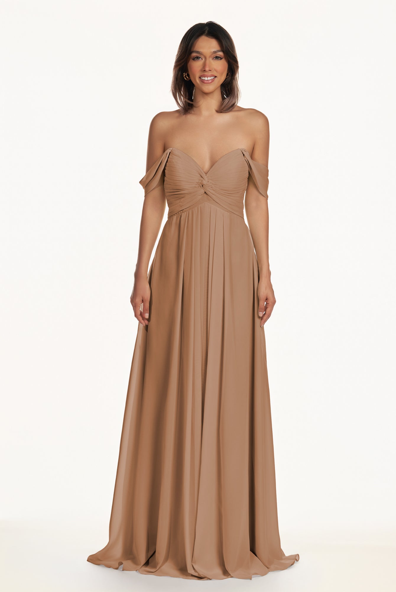 KissDress-Breona Bronzer A Line Chiffon Off the Shoulder Twisted Long Bridesmaid Dress