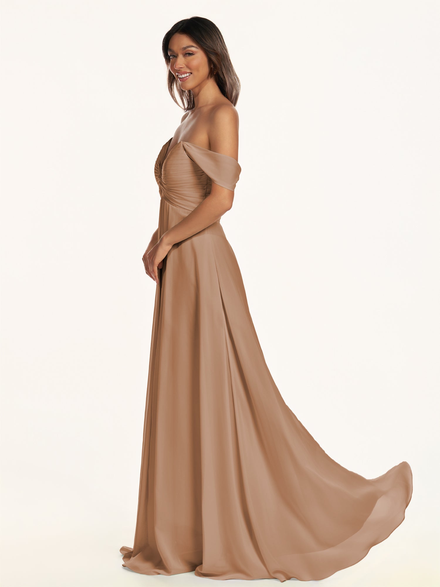 KissDress-Breona Bronzer A Line Chiffon Off the Shoulder Twisted Long Bridesmaid Dress