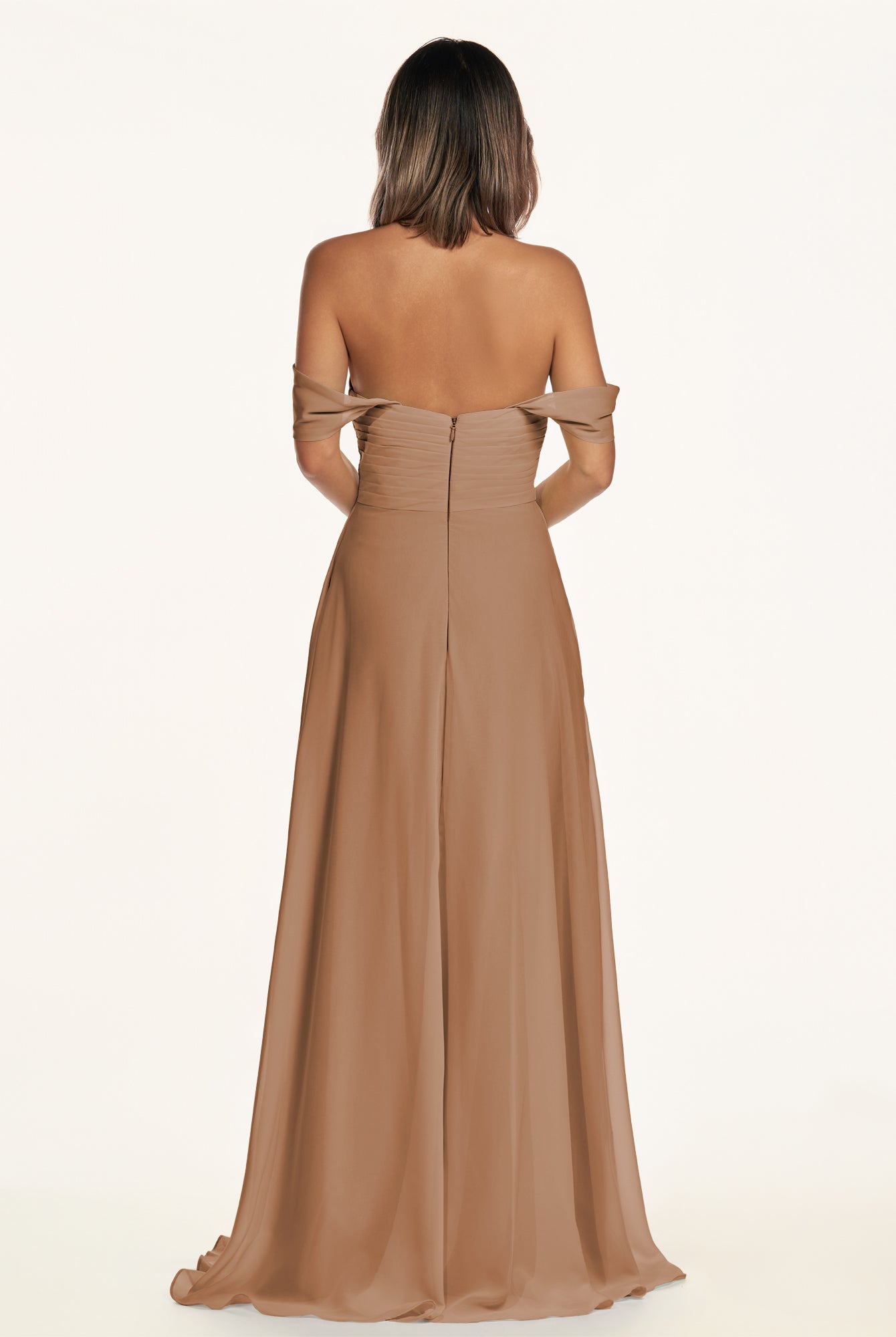 KissDress-Breona Bronzer A Line Chiffon Off the Shoulder Twisted Long Bridesmaid Dress