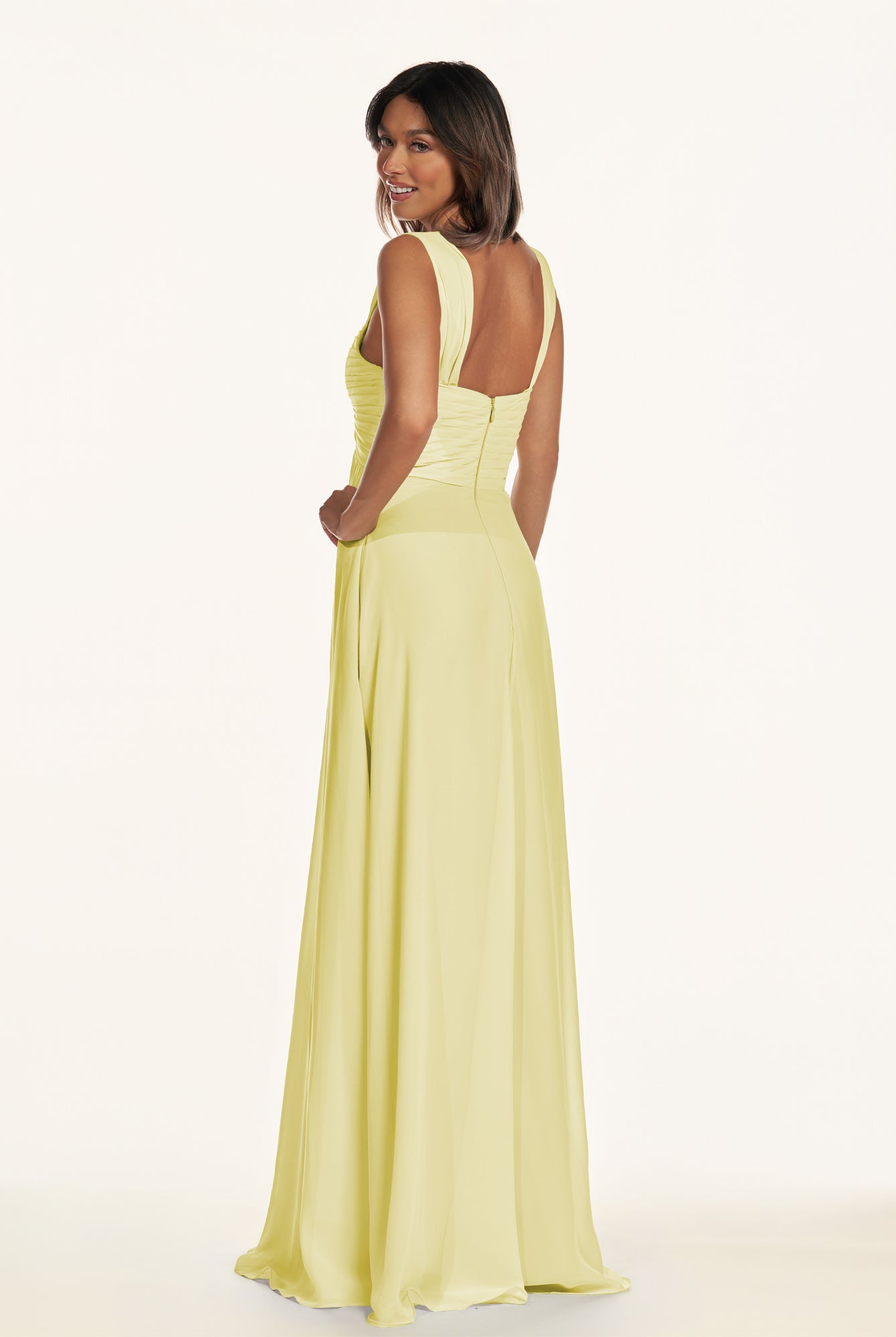 KissDress-Breona Buttercup A Line Chiffon Off the Shoulder Twisted Long Bridesmaid Dress