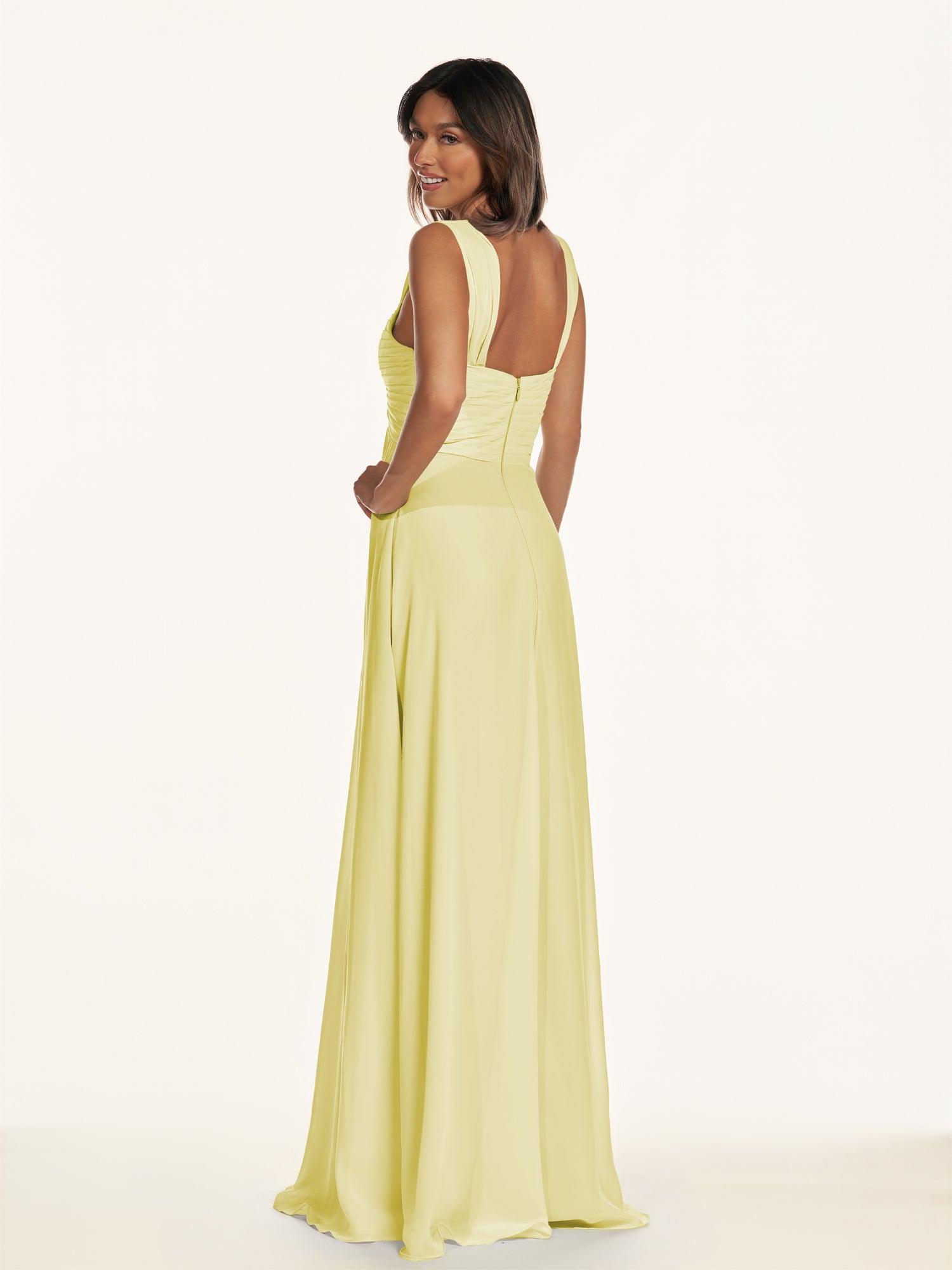 KissDress-Breona Buttercup A Line Chiffon Off the Shoulder Twisted Long Bridesmaid Dress