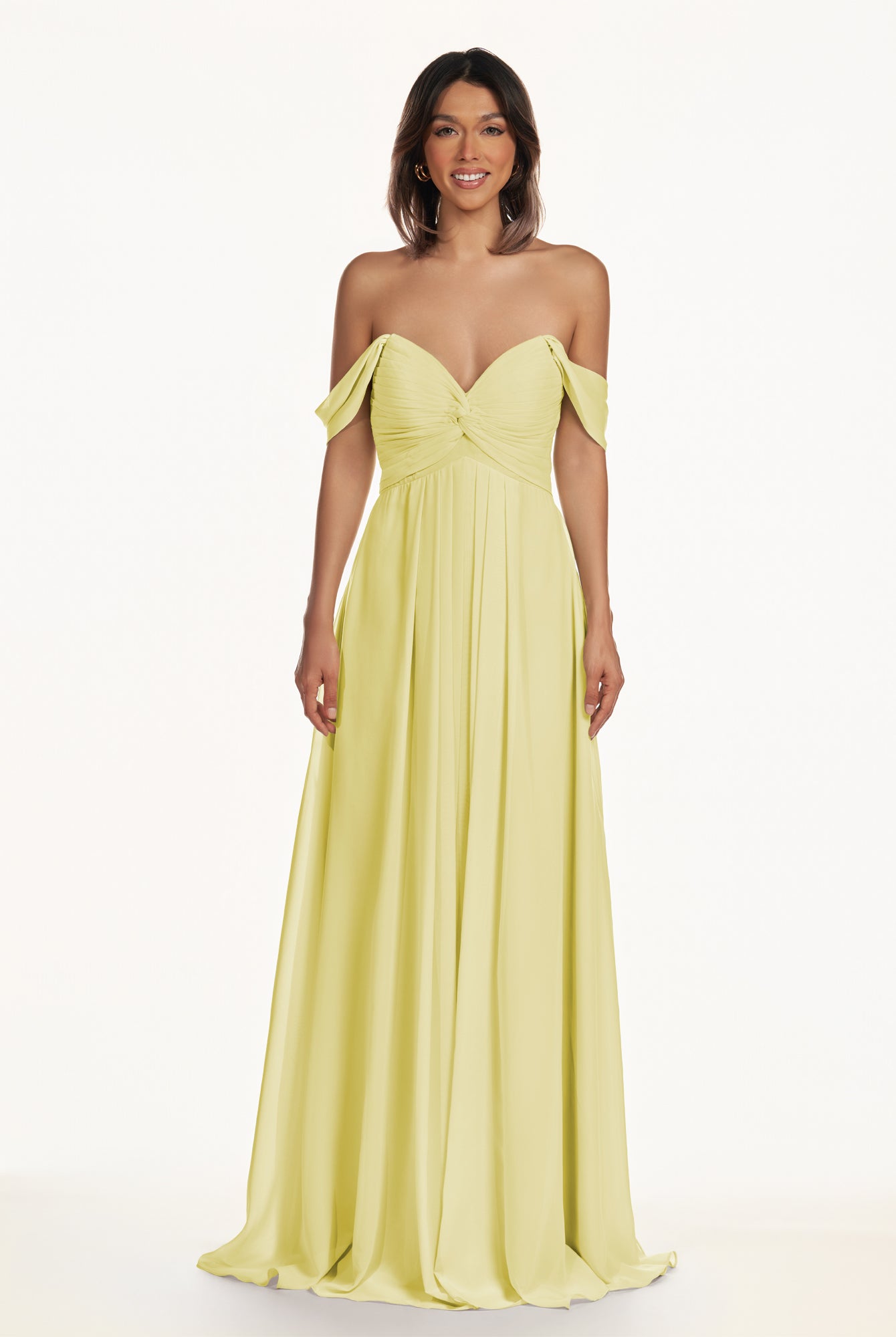 KissDress-Breona Buttercup A Line Chiffon Off the Shoulder Twisted Long Bridesmaid Dress