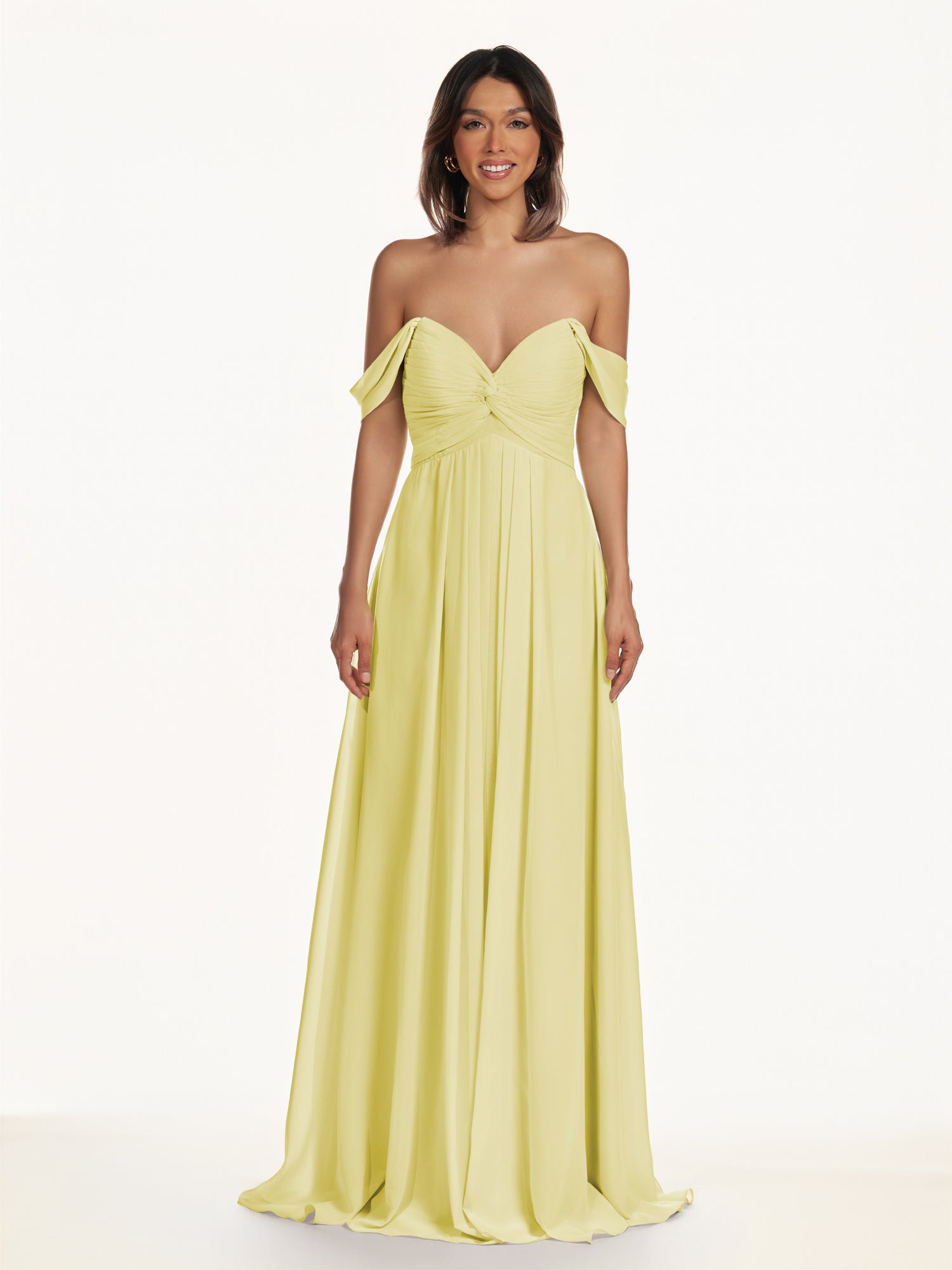 KissDress-Breona Buttercup A Line Chiffon Off the Shoulder Twisted Long Bridesmaid Dress