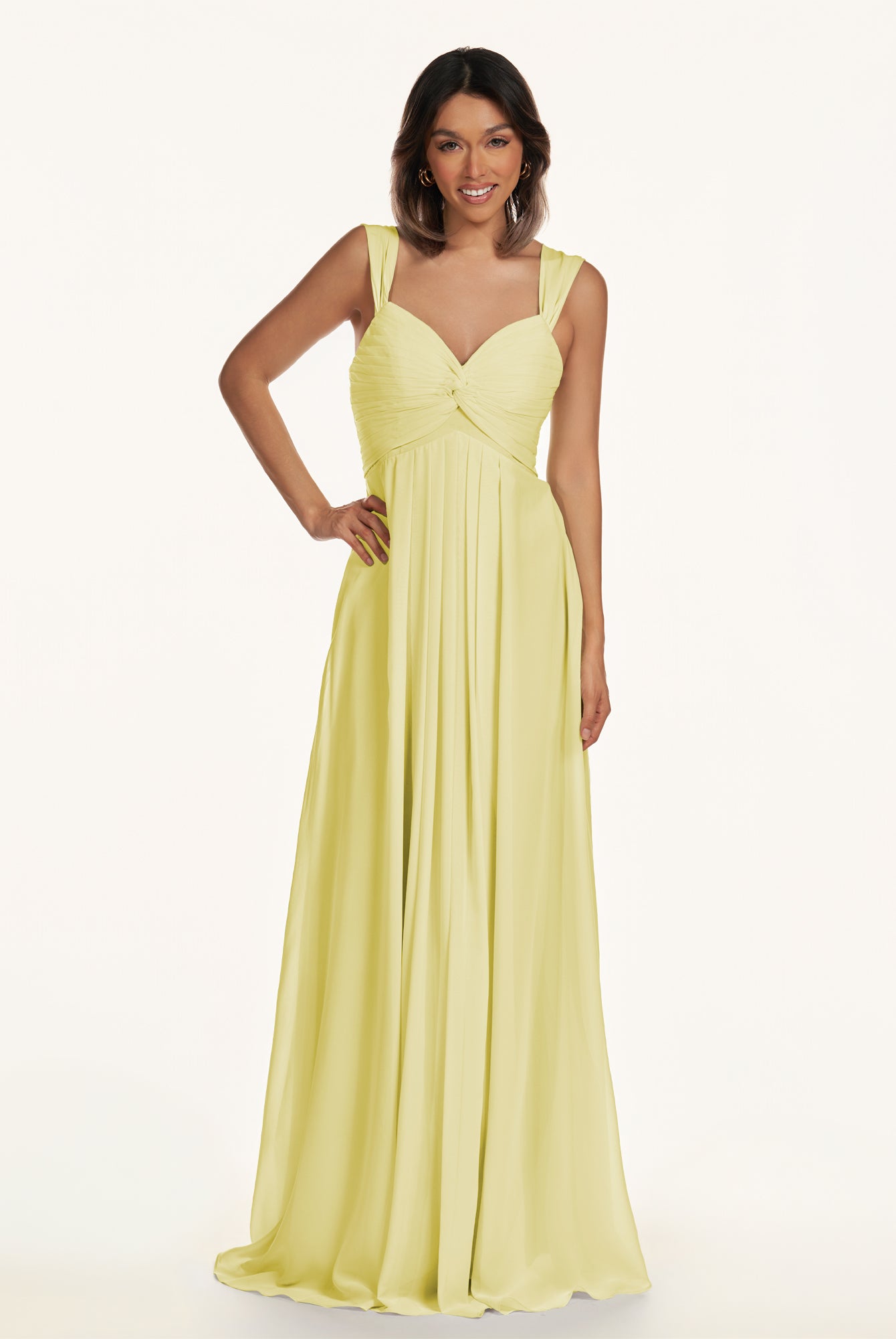KissDress-Breona Buttercup A Line Chiffon Off the Shoulder Twisted Long Bridesmaid Dress