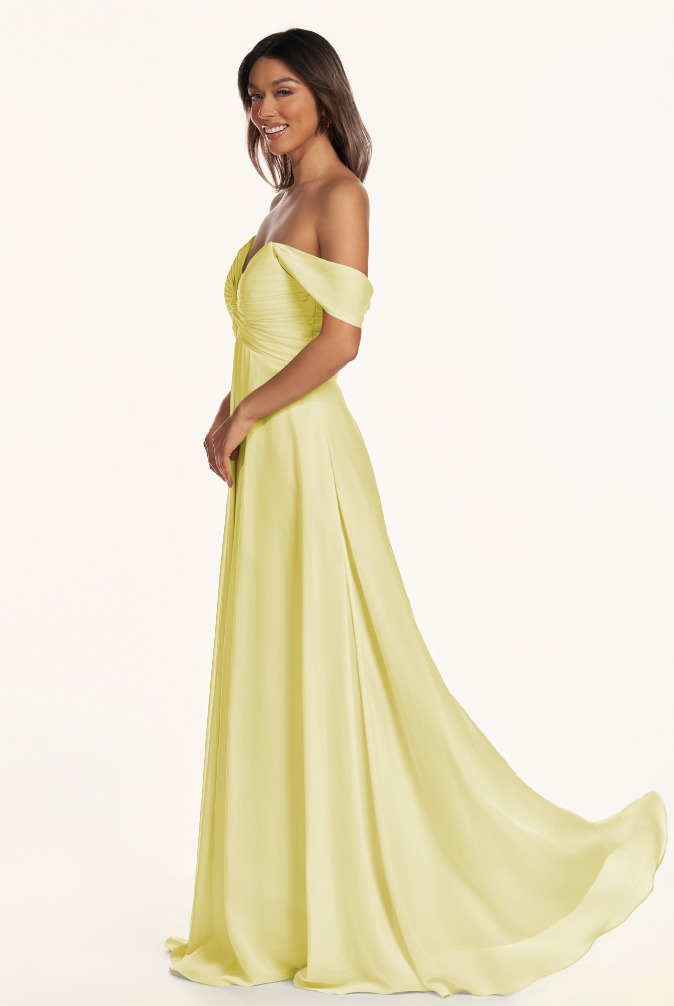 KissDress-Breona Buttercup A Line Chiffon Off the Shoulder Twisted Long Bridesmaid Dress