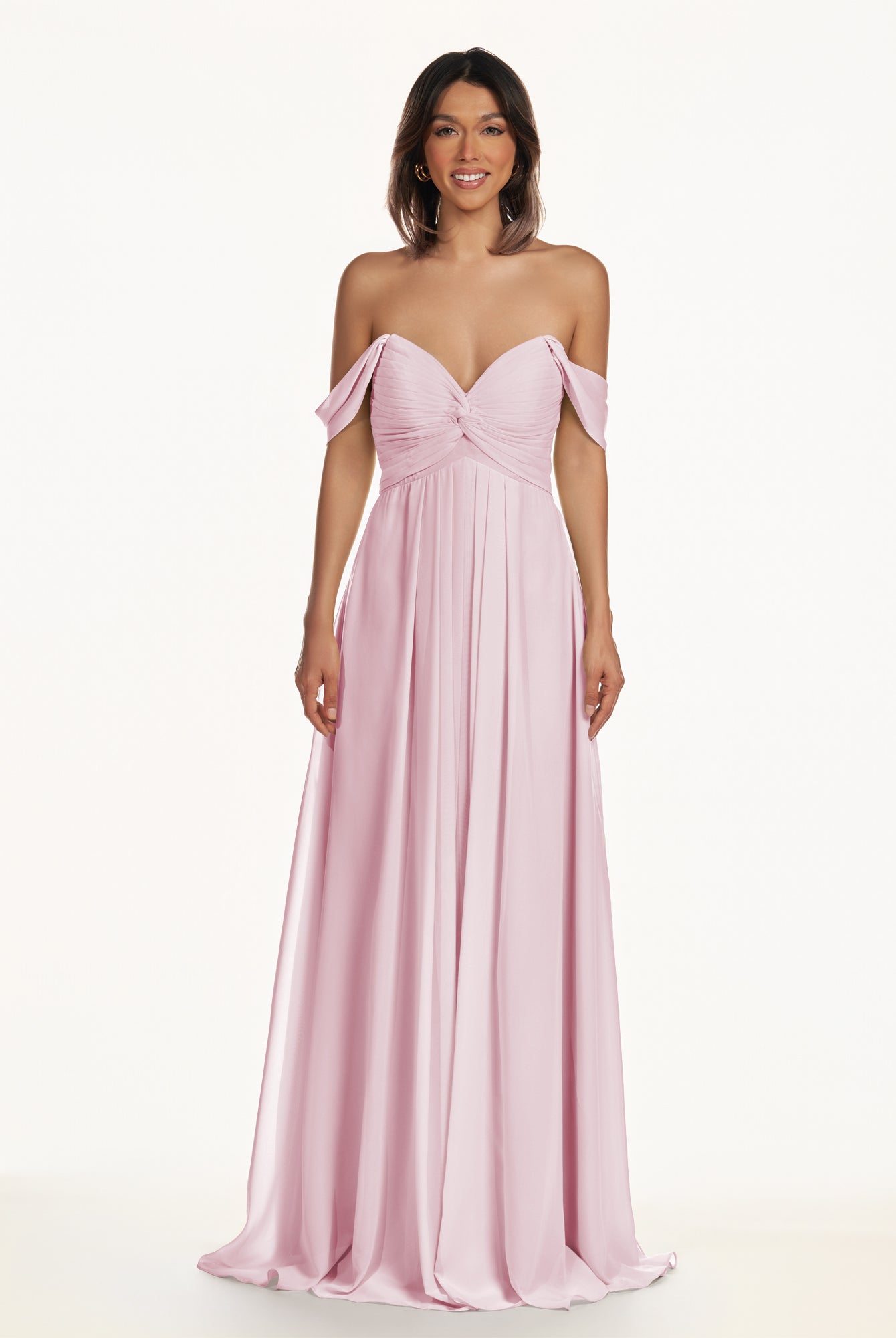 KissDress-Breona Candy Pink A Line Chiffon Off the Shoulder Twisted Long Bridesmaid Dress