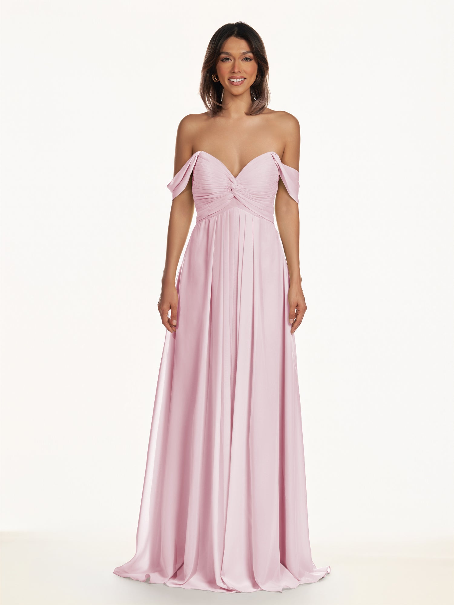 KissDress-Breona Candy Pink A Line Chiffon Off the Shoulder Twisted Long Bridesmaid Dress