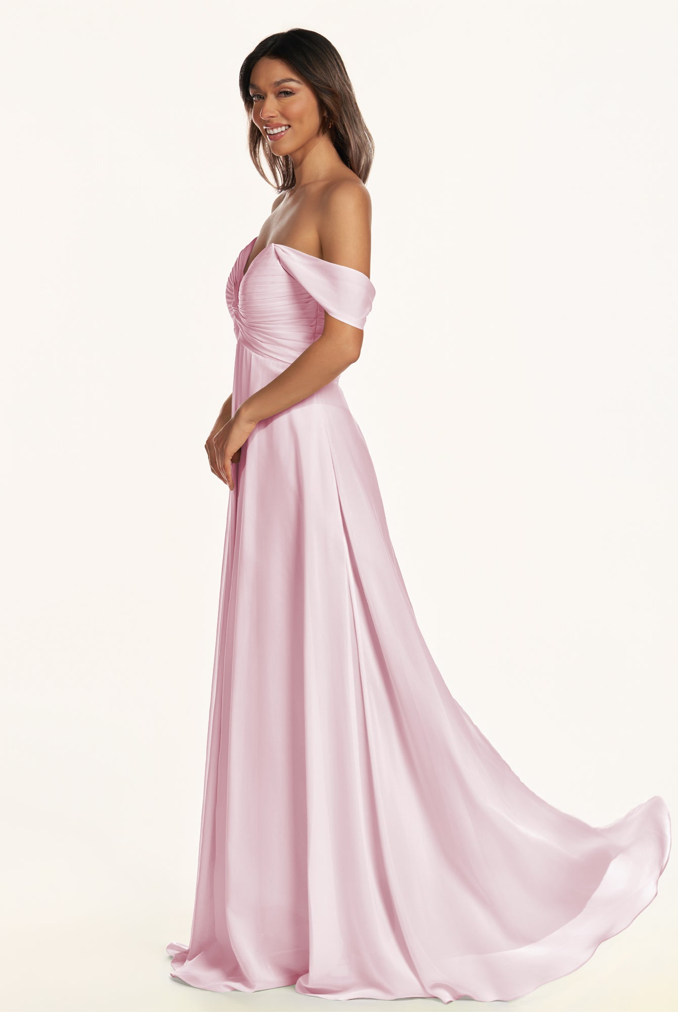 KissDress-Breona Candy Pink A Line Chiffon Off the Shoulder Twisted Long Bridesmaid Dress