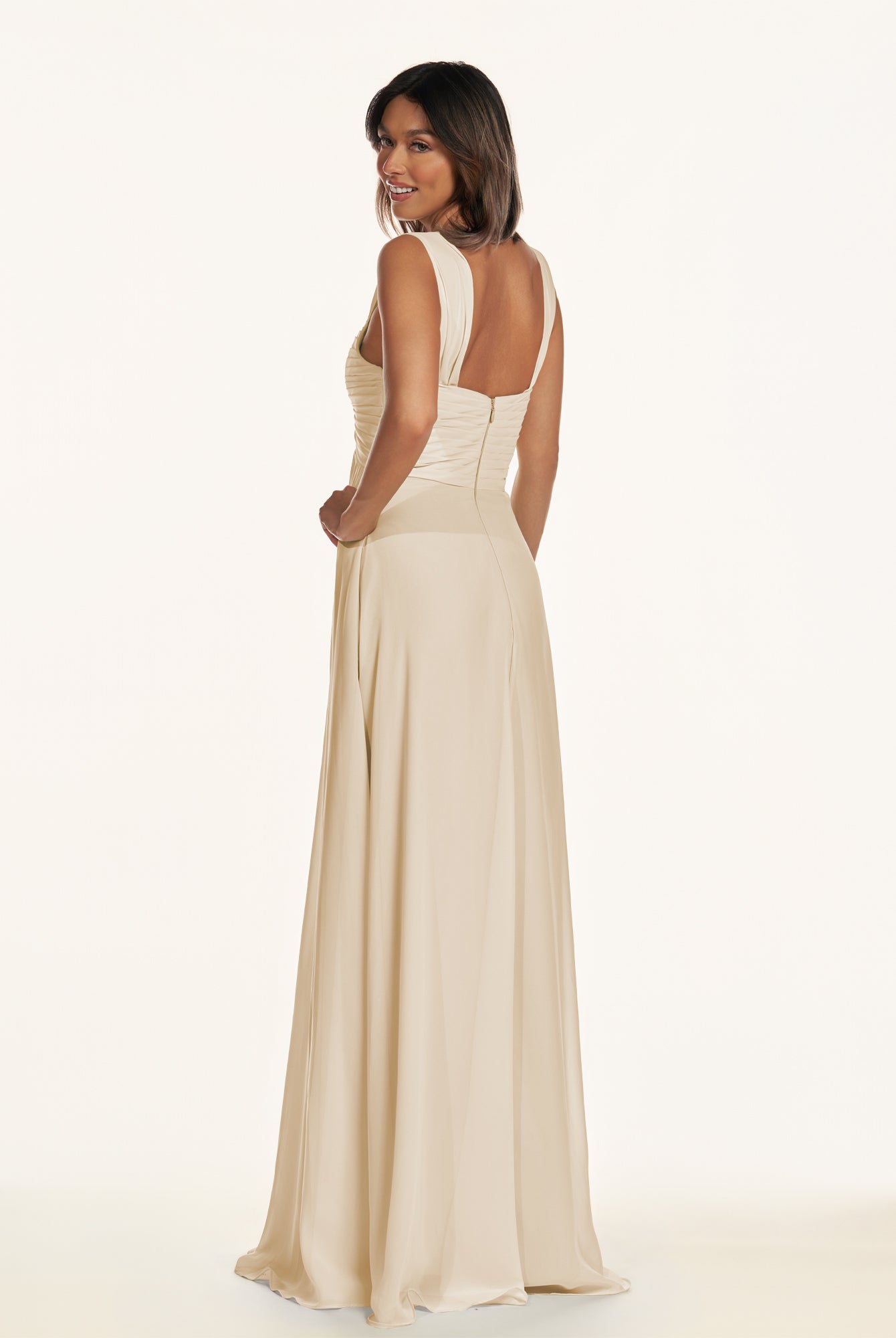 KissDress-Breona Champagne A Line Chiffon Off the Shoulder Twisted Long Bridesmaid Dress