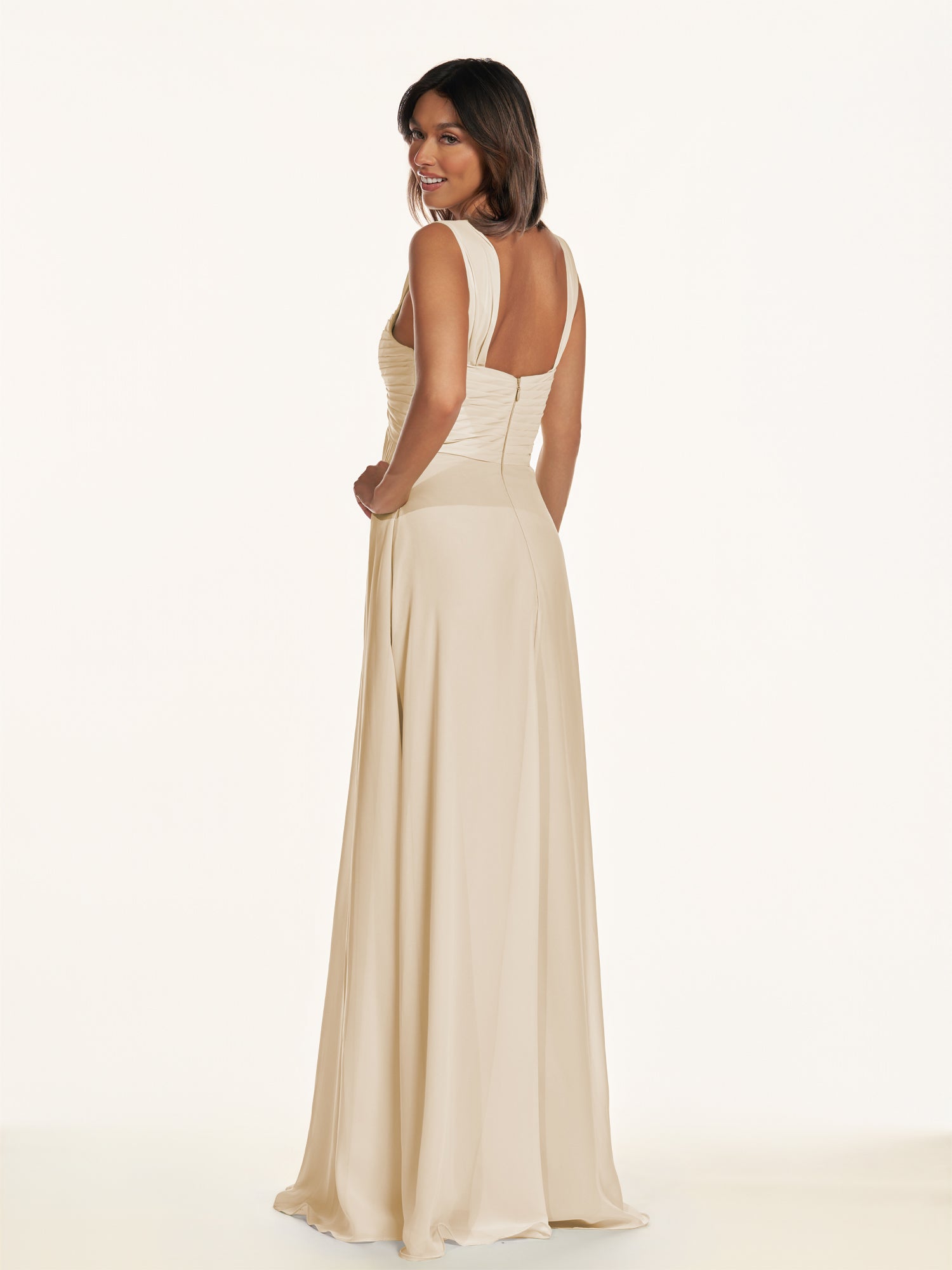 KissDress-Breona Champagne A Line Chiffon Off the Shoulder Twisted Long Bridesmaid Dress