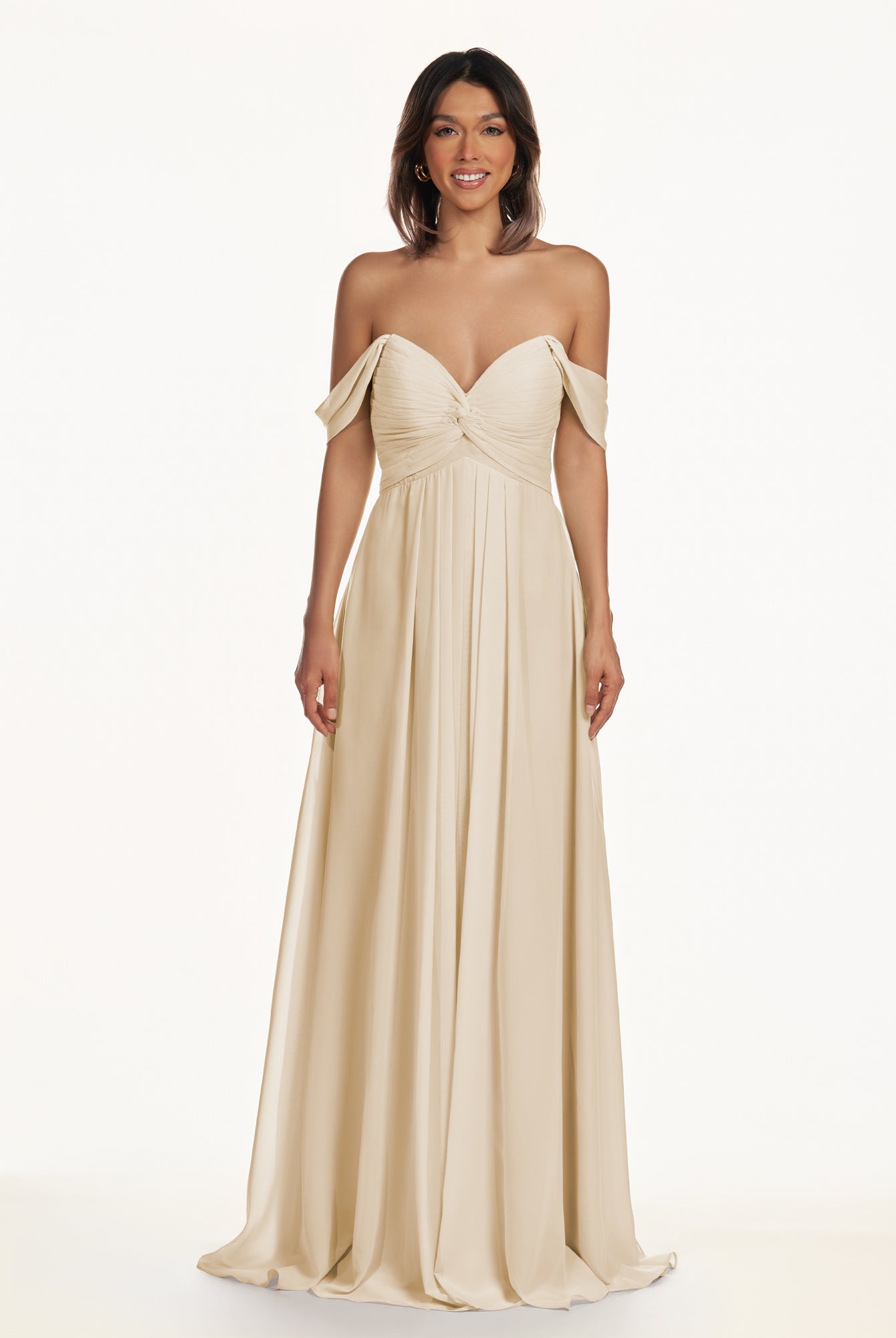 KissDress-Breona Champagne A Line Chiffon Off the Shoulder Twisted Long Bridesmaid Dress